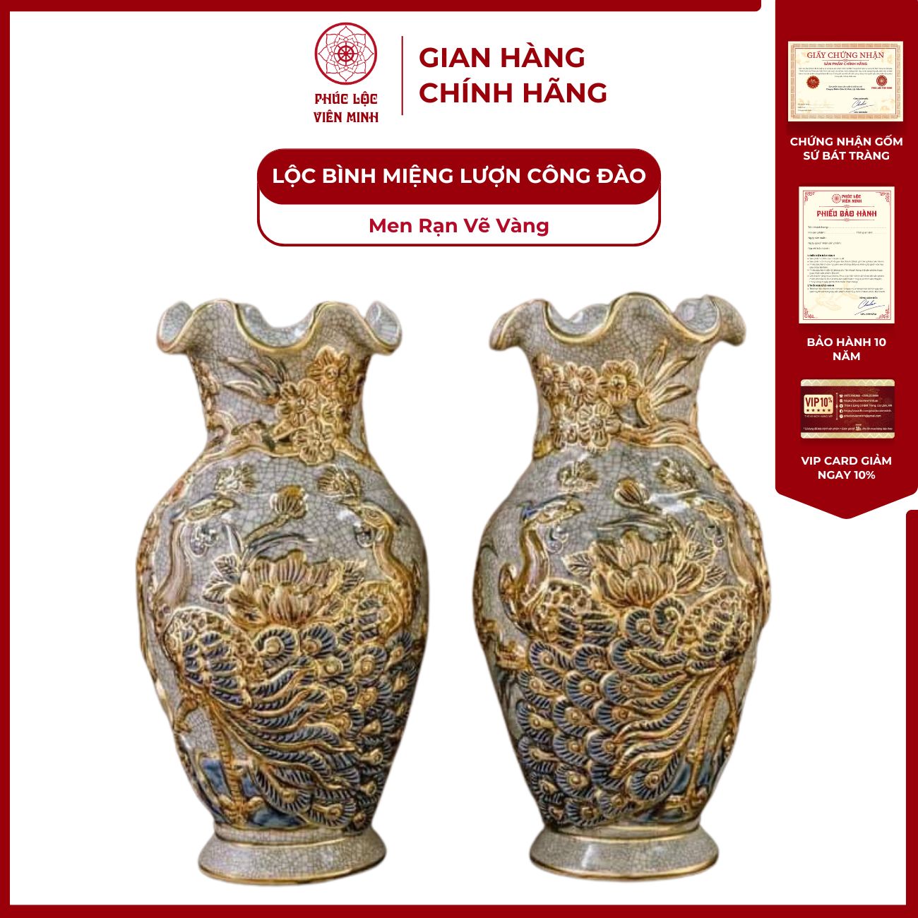 Đôi Lộc Bình Công Đào Men Rạn Vẽ Vàng Gốm Sứ Bát Tràng - Phúc Lộc Viên Minh - PLVM1011