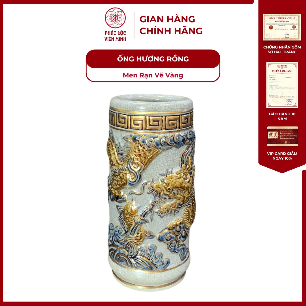 Ống Hương Họa Tiết Rồng Men Rạn Vẽ Vàng Gốm Sứ Bát Tràng - Phúc Lộc Viên Minh - PLVM1014