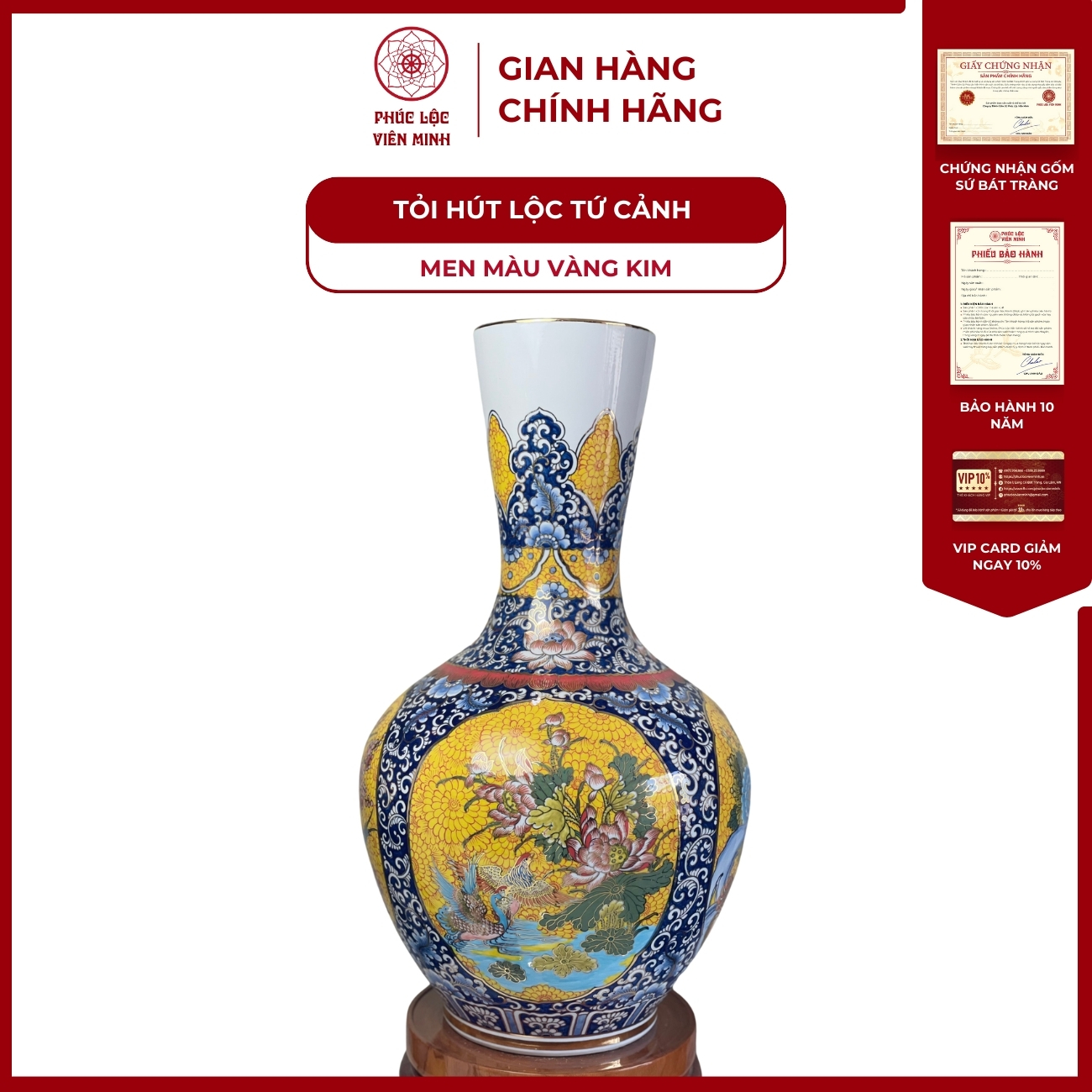 Tỏi Ống Tứ Cảnh Men Màu Vàng Kim Gốm Sứ Bát Tràng - Phúc Lộc Viên Minh