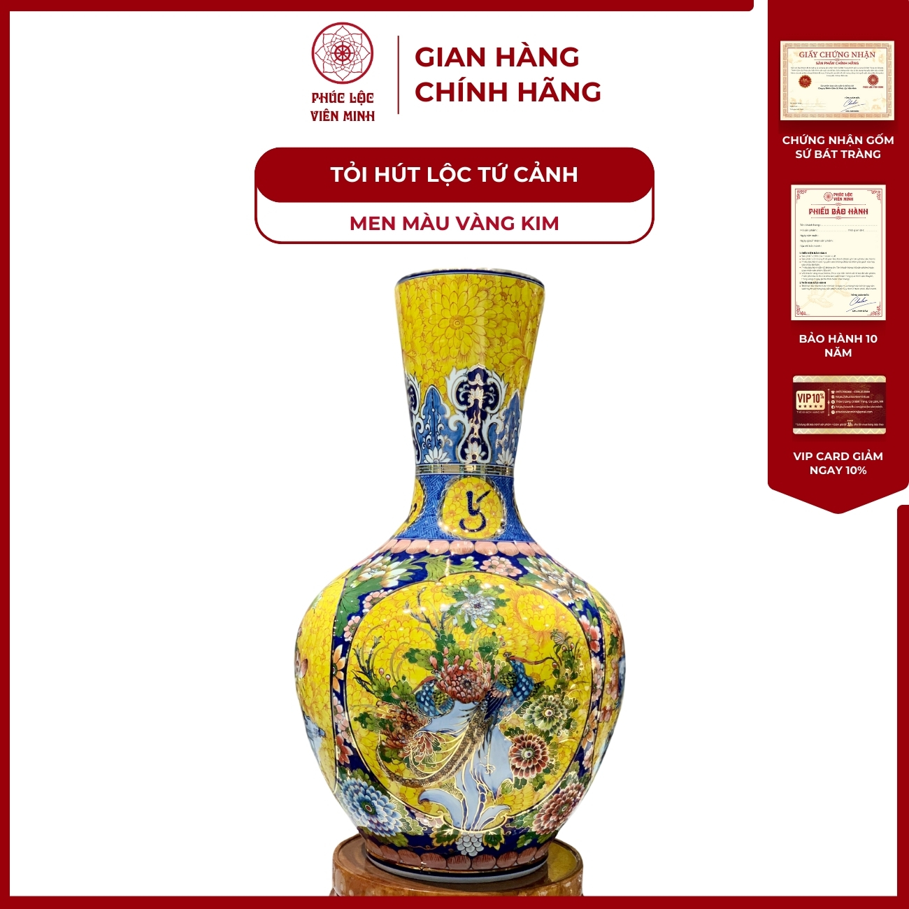 Tỏi Ống Tứ Cảnh Men Màu Vẽ Vàng Kim Gốm Sứ Bát Tràng - Phúc Lộc Viên Minh