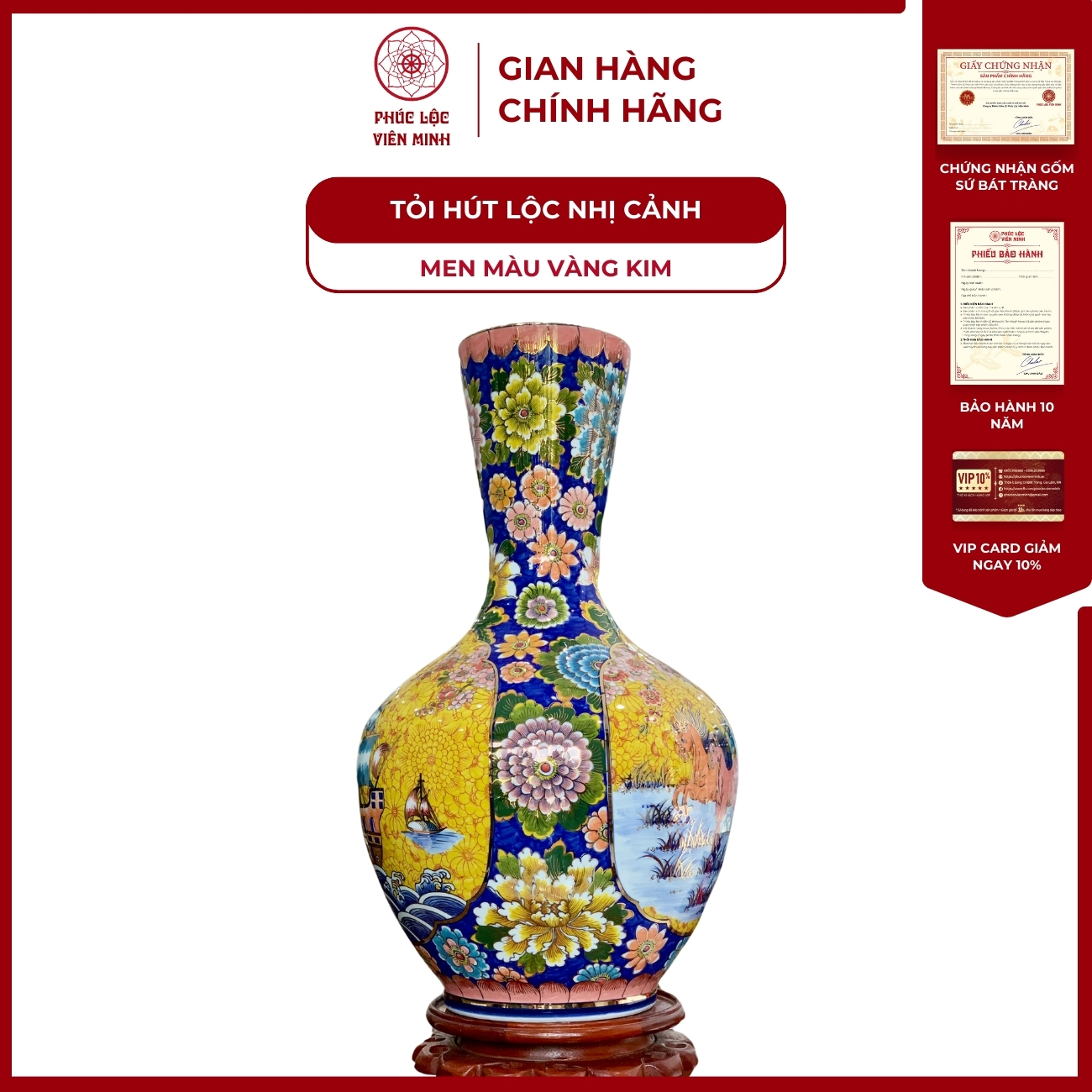 Tỏi Ống Nhị Cảnh Thuận Buồm Xuôi Gió, Mã Đáo Thành Công Men Màu Vẽ Vàng Kim Gốm Sứ Bát Tràng - Phúc Lộc Viên Minh