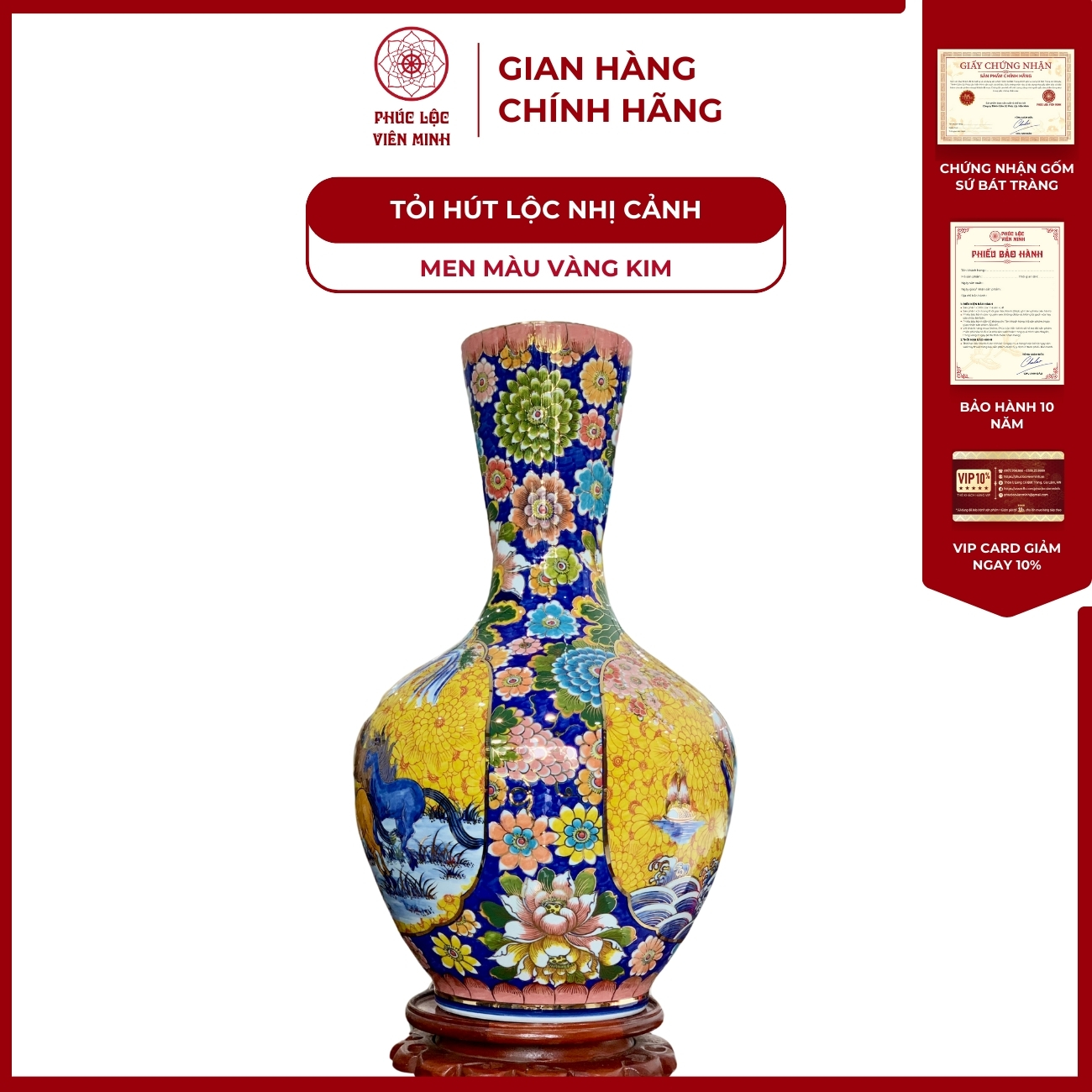 Tỏi Ống Nhị Cảnh Thuận Buồm Xuôi Gió, Mã Đáo Thành Công Men Màu Vẽ Vàng Kim Gốm Sứ Bát Tràng - Phúc Lộc Viên Minh