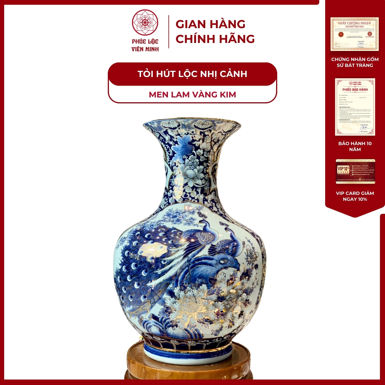 Tỏi Béo Nhị Cảnh Thuận Buồm Xuôi Gió, Công Đào Men Lam Vàng Kim Gốm Sứ Bát Tràng - Phúc Lộc Viên Minh