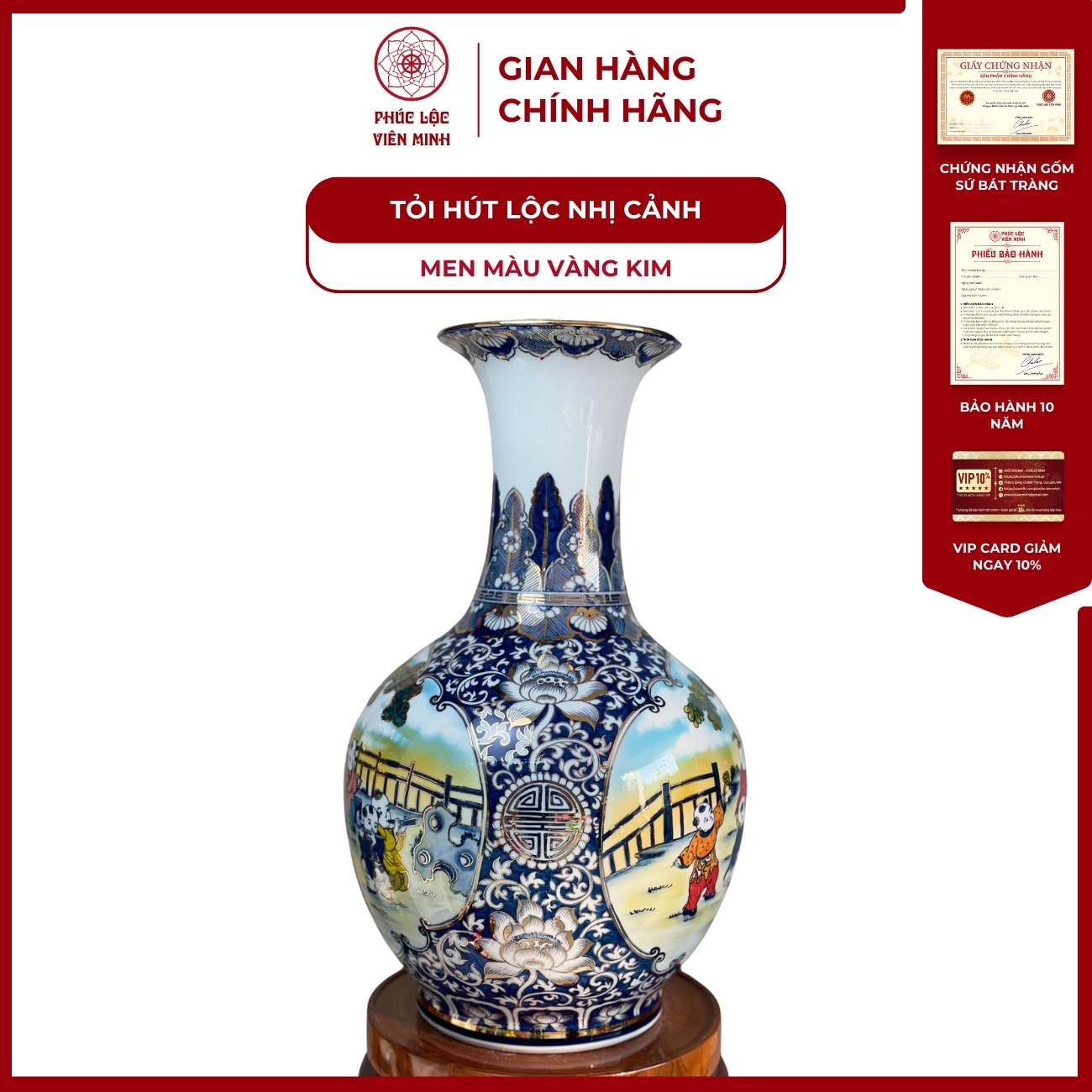 Tỏi Hút Lộc Dáng Loe Nhị Cảnh Bách Nhi Bách Phúc Men Màu Vàng Kim Gốm Sứ Bát Tràng - Phúc Lộc Viên Minh