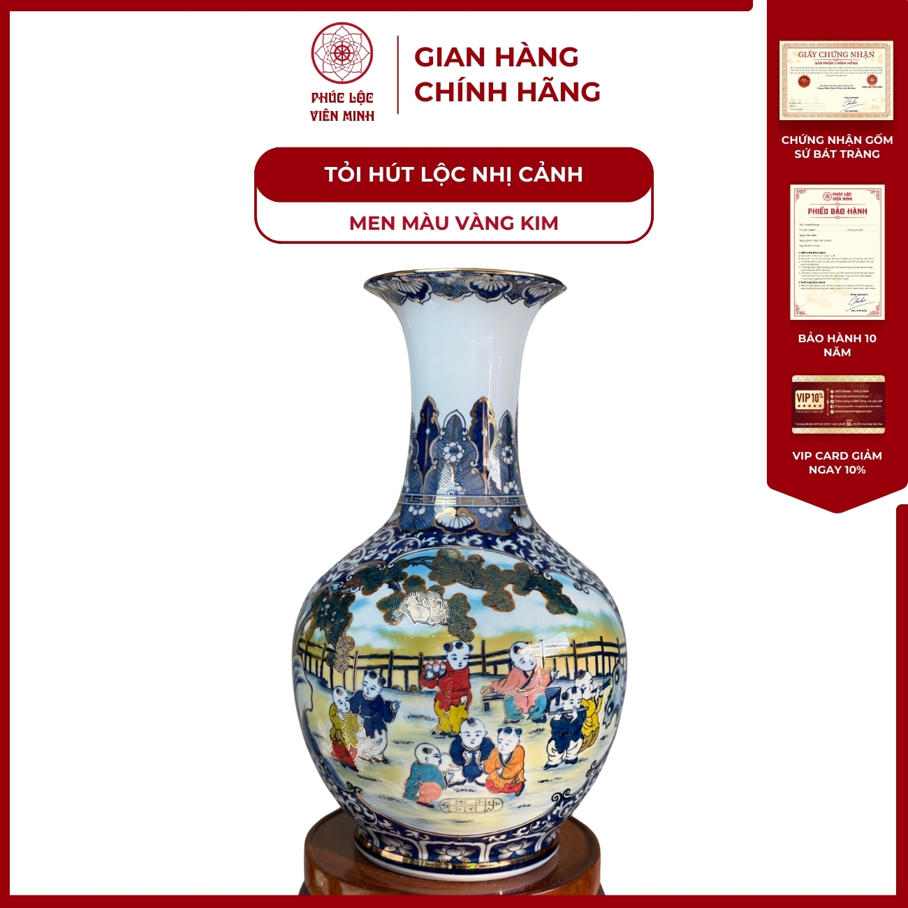 Tỏi Hút Lộc Dáng Loe Nhị Cảnh Bách Nhi Bách Phúc Men Màu Vàng Kim Gốm Sứ Bát Tràng - Phúc Lộc Viên Minh