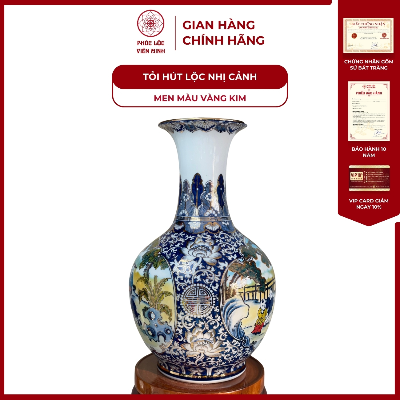 Tỏi Hút Lộc Dáng Loe Nhị Cảnh Bách Nhi Bách Phúc Men Màu Vàng Kim Gốm Sứ Bát Tràng - Phúc Lộc Viên Minh