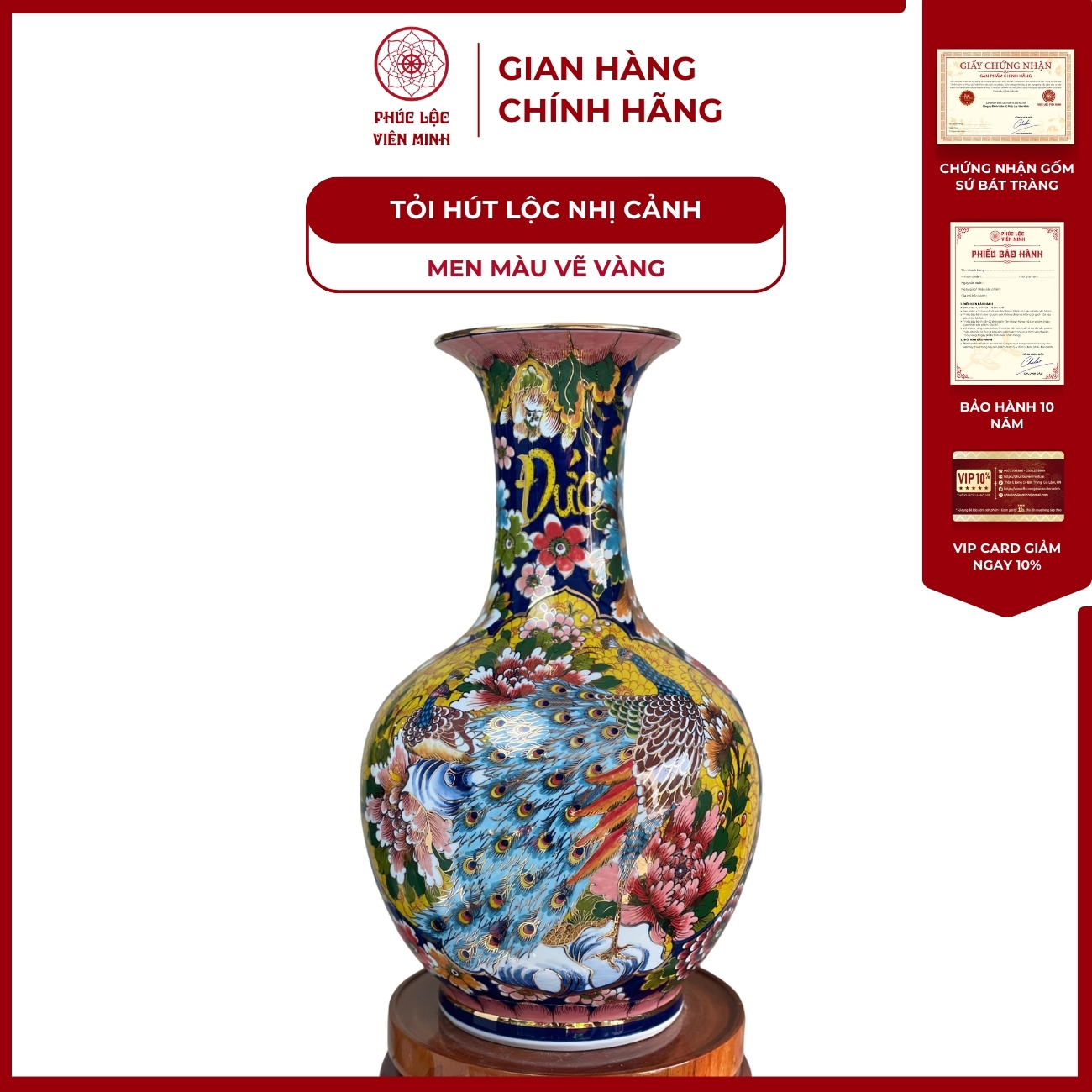 Tỏi Hút Lộc Dáng Loe Nhị Công Đào, Thuận Buồm Xuôi Gió Men Màu Vẽ Vàng Gốm Sứ Bát Tràng - Phúc Lộc Viên Minh