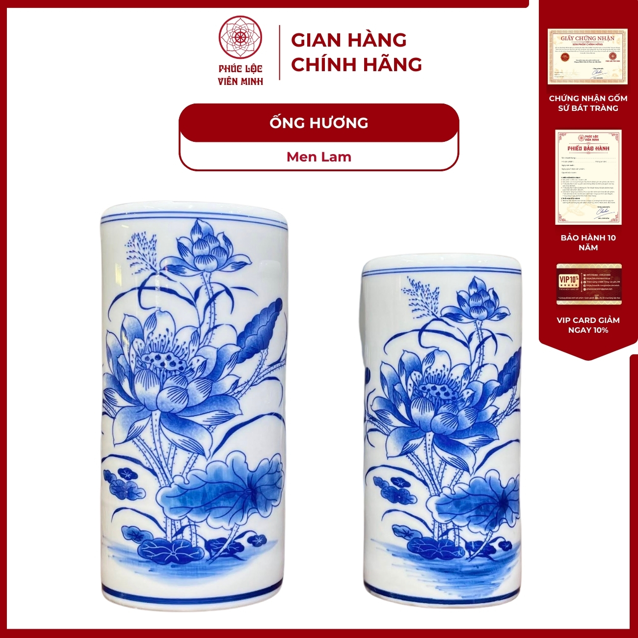 Ống Hương Thờ Họa Tiết Sen Men Lam Gốm Sứ Bát Tràng - Phúc Lộc Viên Minh