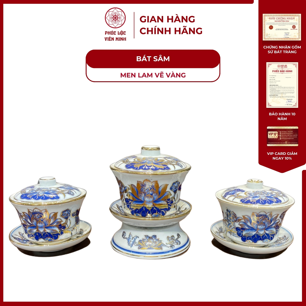 Bát Sâm Họa Tiết Sen Men Lam Vẽ Vàng Gốm Sứ Bát Tràng - Phúc Lộc Viên Minh