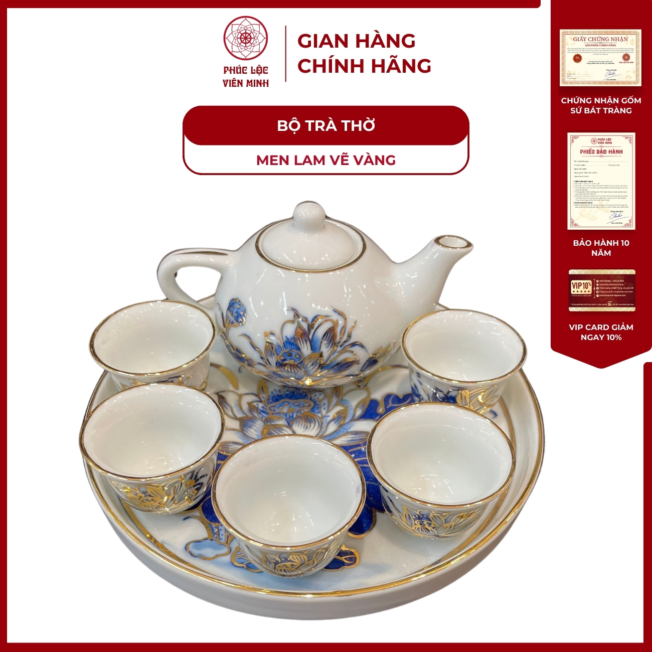 Bộ Trà Thờ 5 Chén Họa Tiết Sen Men Lam Vẽ Vàng Gốm Sứ Bát Tràng - Phúc Lộc Viên Minh