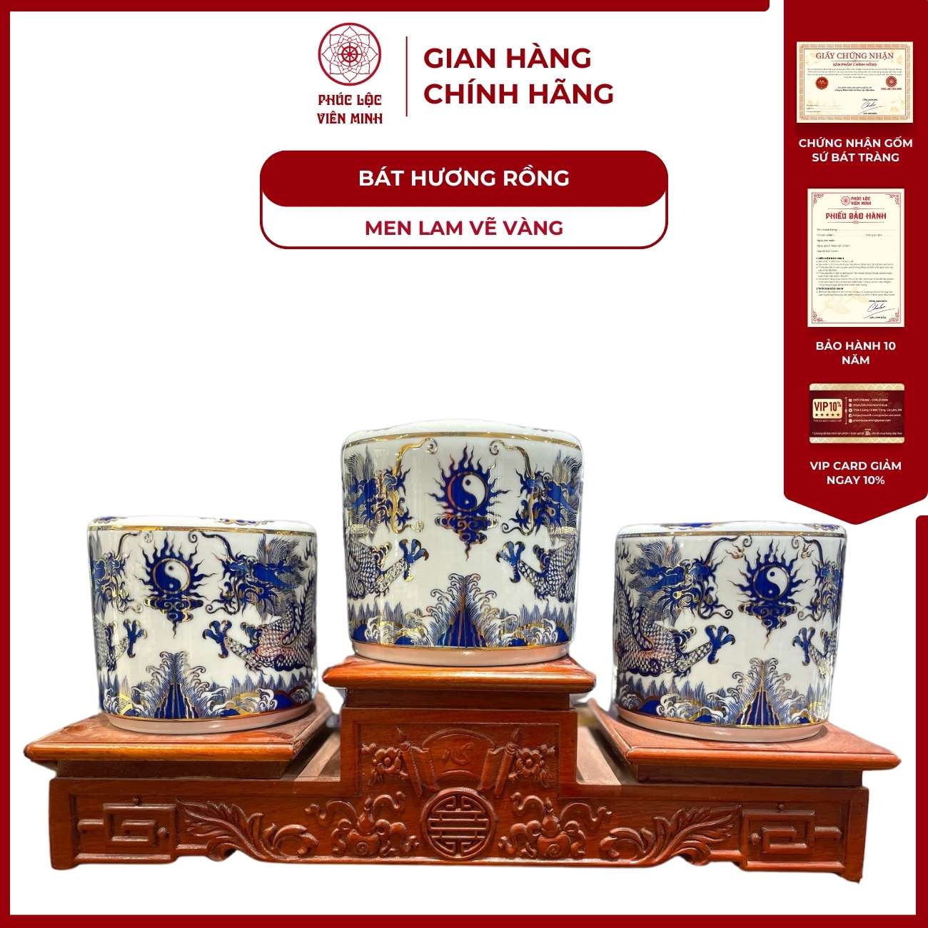 Bát Hương Họa Tiết Rồng Men Lam Vẽ Vàng (Không Kèm Đế) Gốm Sứ Bát Tràng - Phúc Lộc Viên Minh
