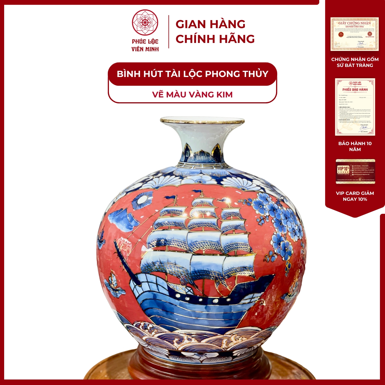 Bình Hút Lộc Nhị Cảnh Vẽ Màu Vàng Kim Gốm Sứ Bát Tràng - Phúc Lộc Viên Minh