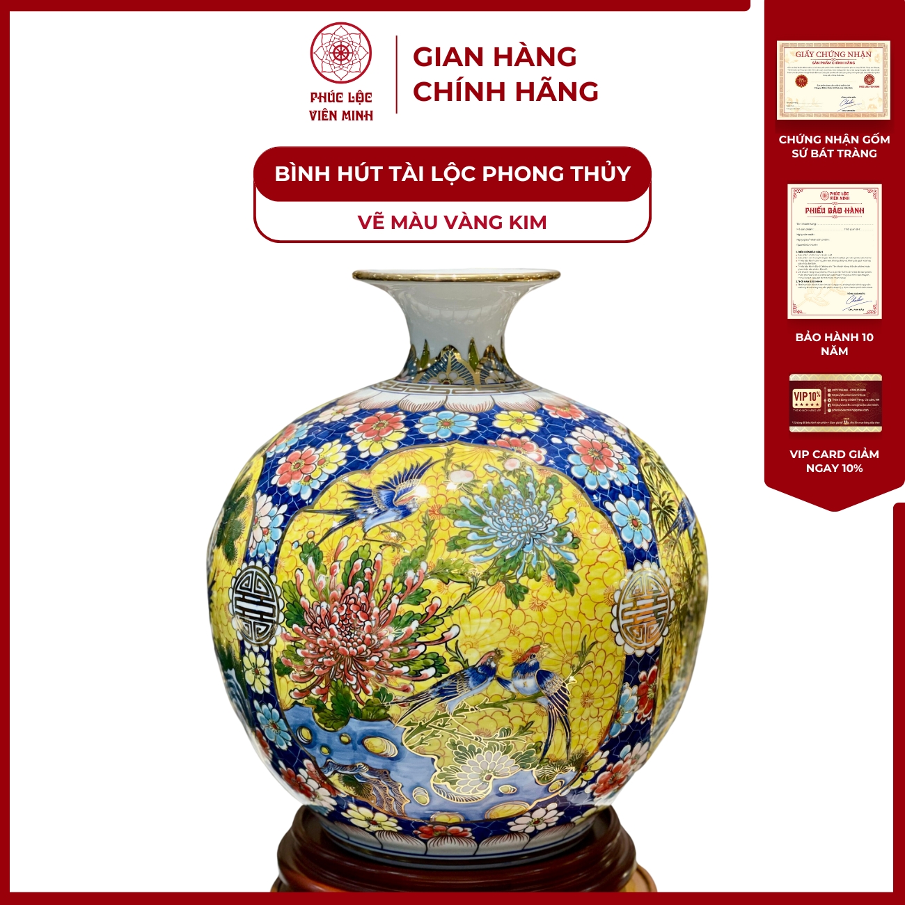 Bình Hút Lộc Tứ Cảnh Vẽ Màu Vàng Kim Gốm Sứ Bát Tràng - Phúc Lộc Viên Minh