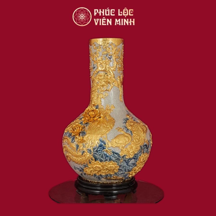 Tỏi Phệ Bách Điểu Chầu Hoàng Men Rạn Bọc Đồng Dát Vàng Gốm Sứ Bát Tràng - Phúc Lộc Viên Minh