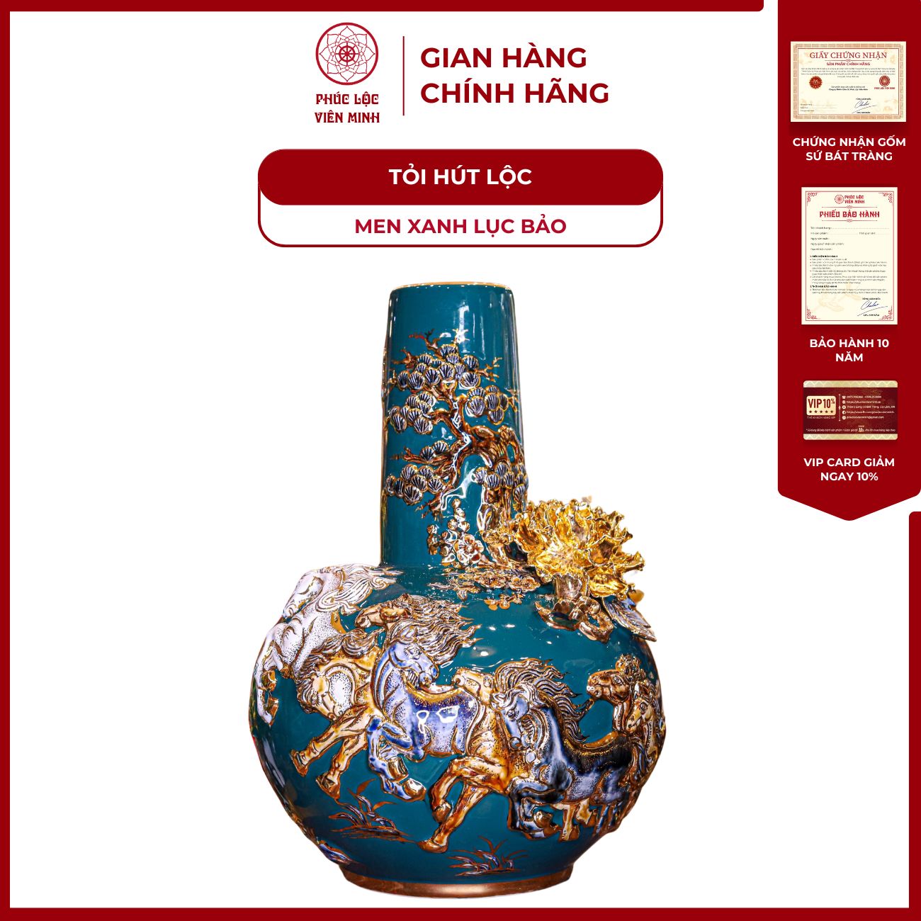 Tỏi Cổ Thẳng Mã Đáo Thành Công Men Xanh Lục Bảo Vẽ Vàng Gốm Sứ Bát Tràng - Phúc Lộc Viên Minh
