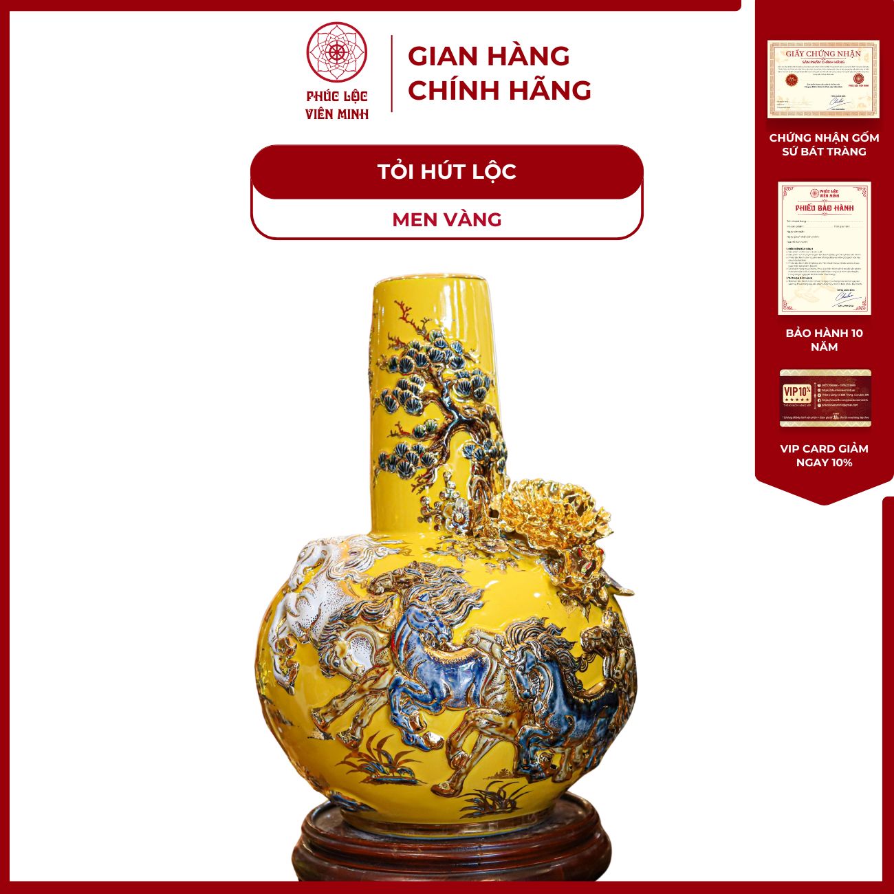 Tỏi Cổ Thẳng Mã Đáo Thành Công Men Vàng Vẽ Vàng Gốm Sứ Bát Tràng - Phúc Lộc Viên Minh