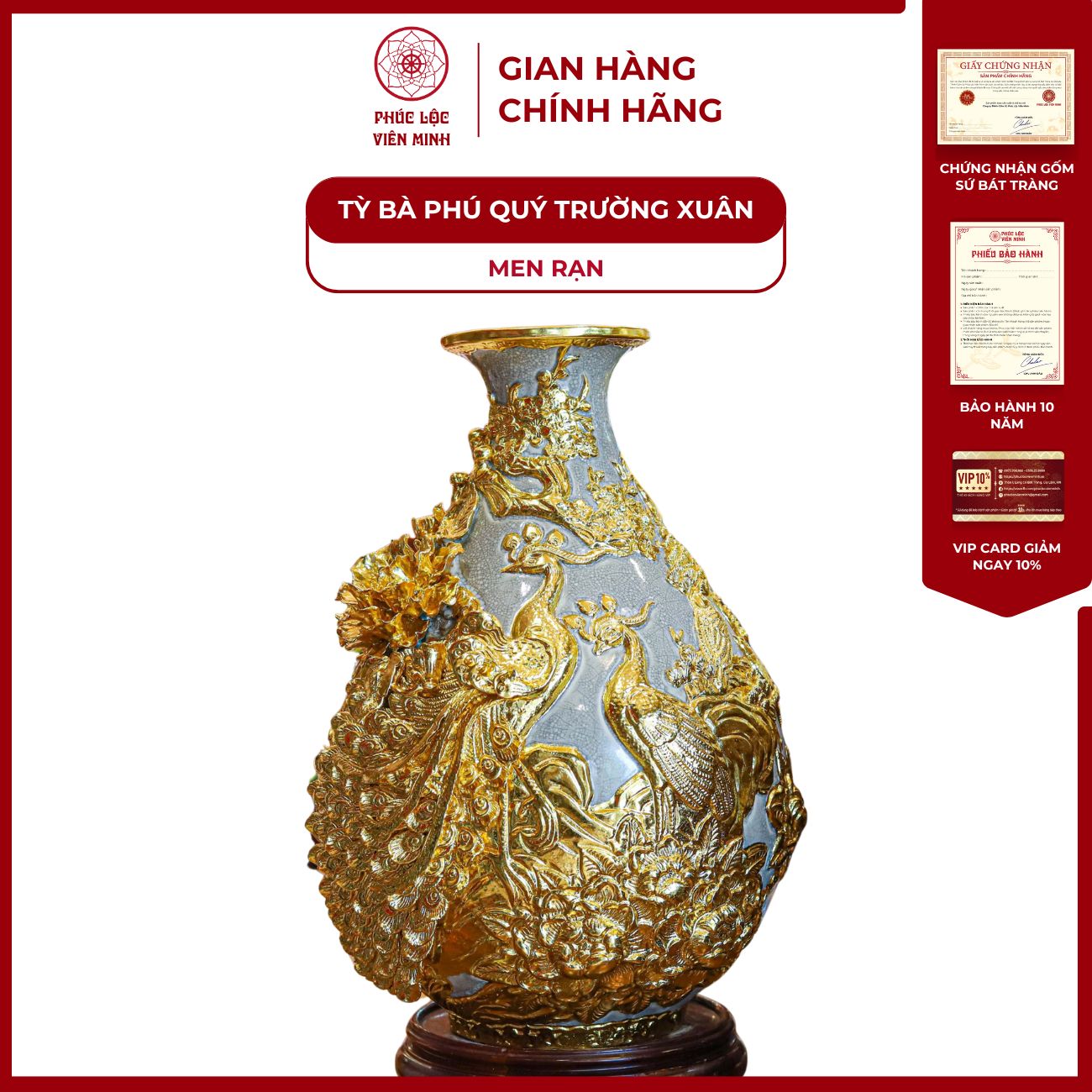 Tỳ Bà Phú Quý Trường Xuân Cao 45cm Đắp Nổi Men Rạn Dát Vàng Cao Cấp Gốm Sứ Bát Tràng - Phúc Lộc Viên Minh