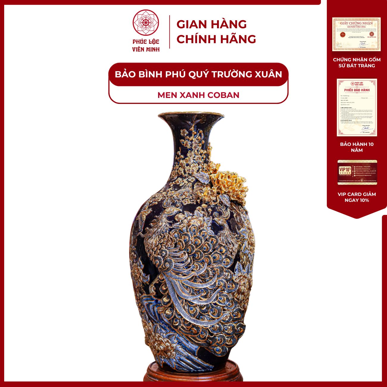 Bảo Bình Phú Quý Trường Xuân 65cm Men Xanh Coban Vẽ Vàng Gốm Sứ Bát Tràng - Phúc Lộc Viên Minh