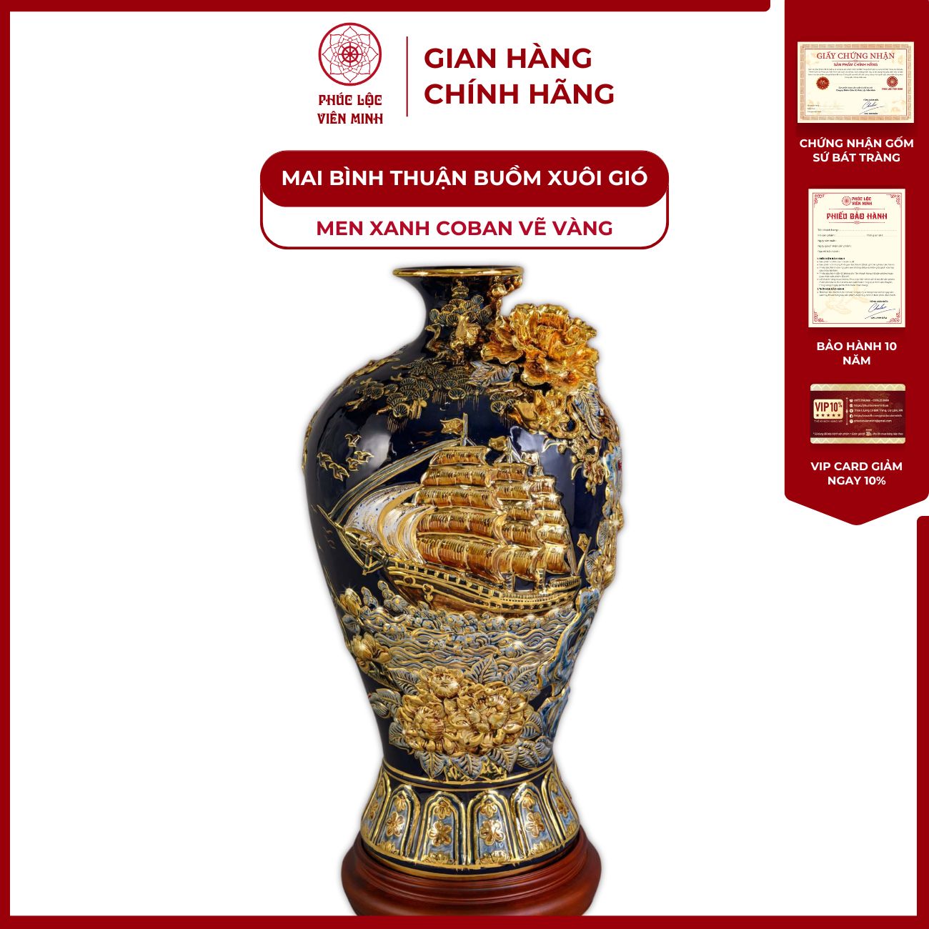 Mai Bình Thuận Buồm Xuôi Gió Men Xanh Coban Vẽ Vàng Gốm Sứ Bát Tràng - Phúc Lộc Viên Minh