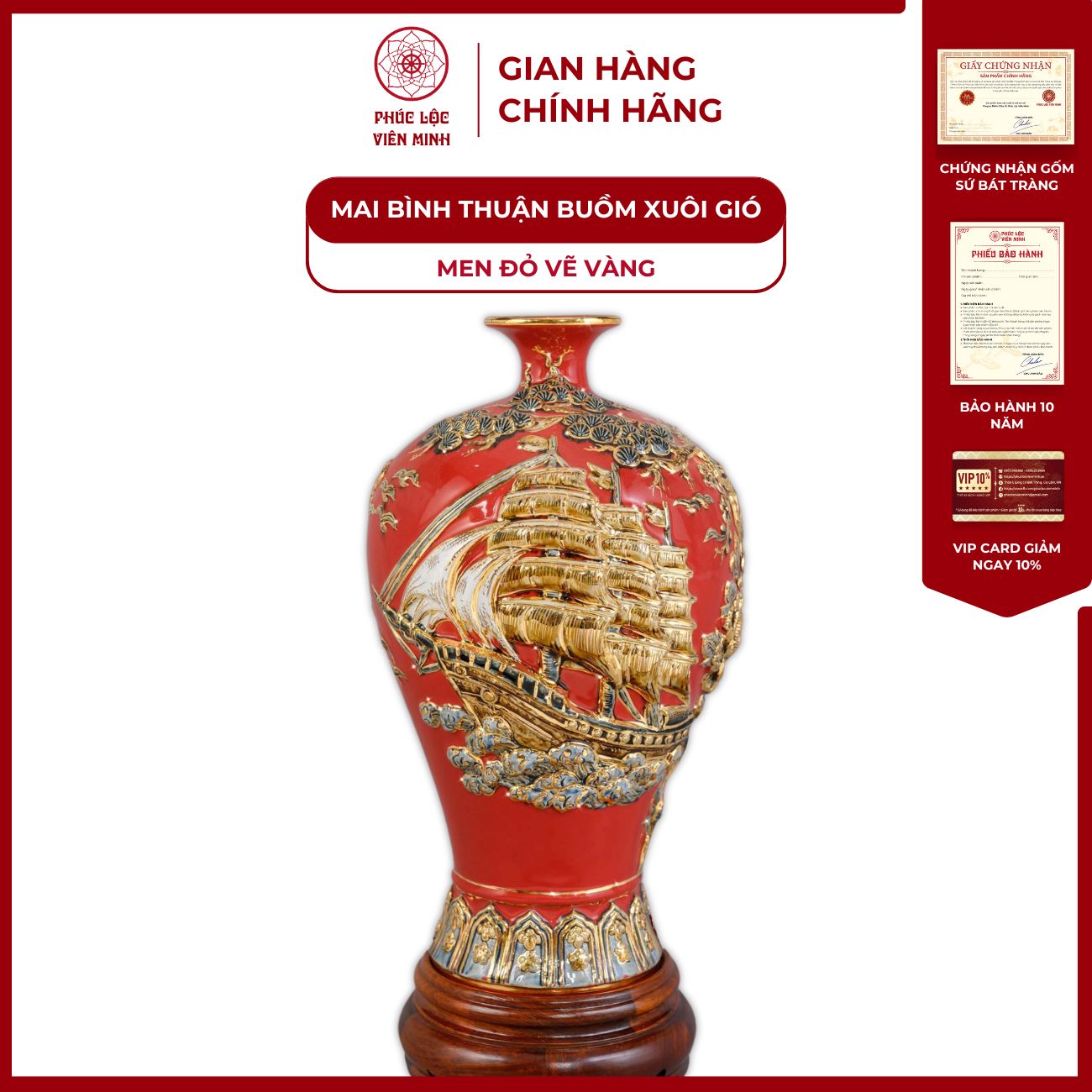 Mai Bình Thuận Buồm Xuôi Gió Cao 35cm Men Đỏ Vẽ Vàng Gốm Sứ Bát Tràng - Phúc Lộc Viên Minh