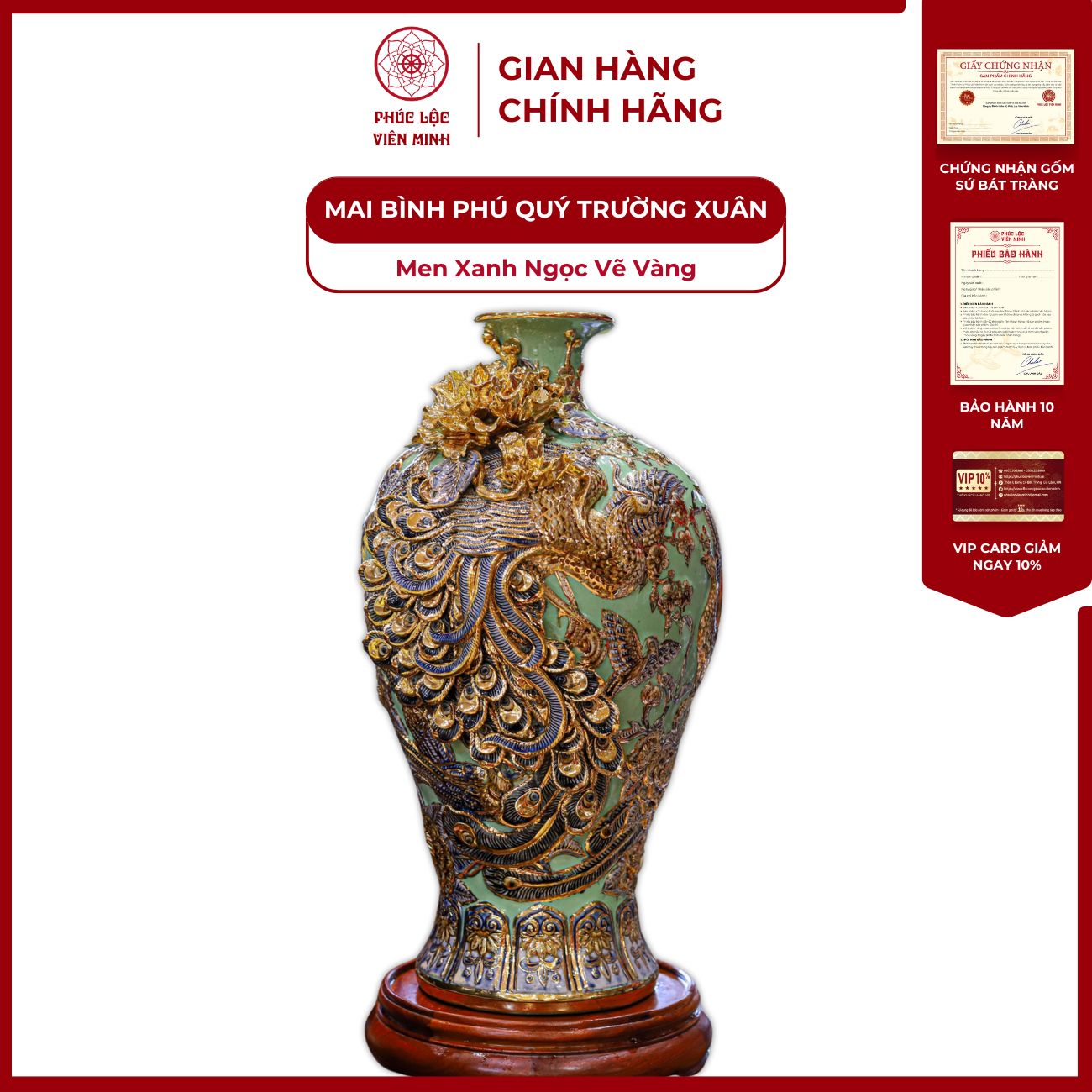 Mai Bình Phú Quý Trường Xuân Men Xanh Ngọc Vẽ Vàng Gốm Sứ Bát Tràng - Phúc Lộc Viên Minh