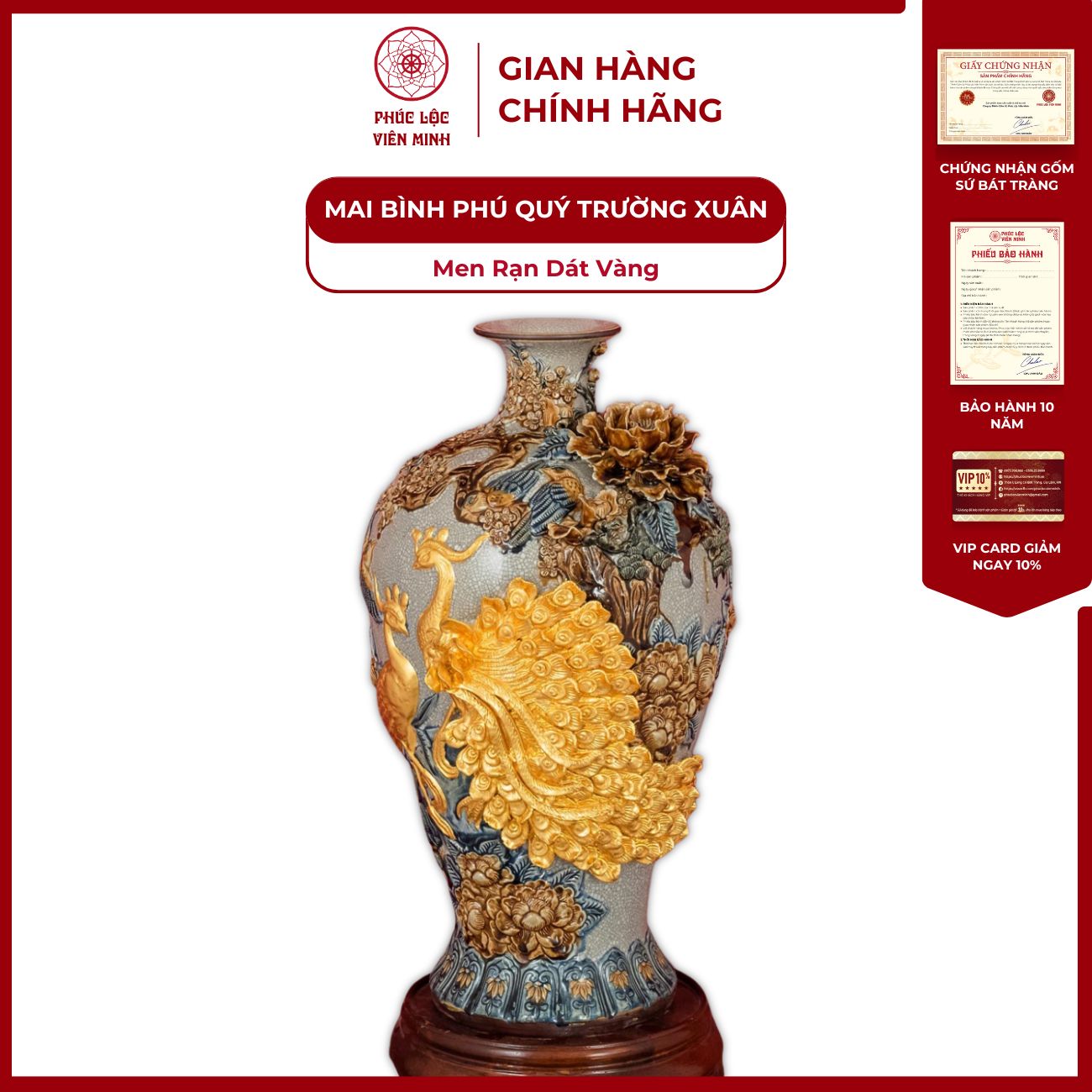 Mai Bình Phú Quý Trường Xuân Men Rạn Dát Vàng Gốm Sứ Bát Tràng - Phúc Lộc Viên Minh