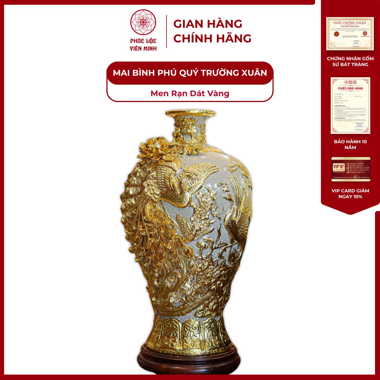 Mai Bình Phú Quý Trường Xuân Men Rạn Dát Vàng Gốm Sứ Bát Tràng - Phúc Lộc Viên Minh
