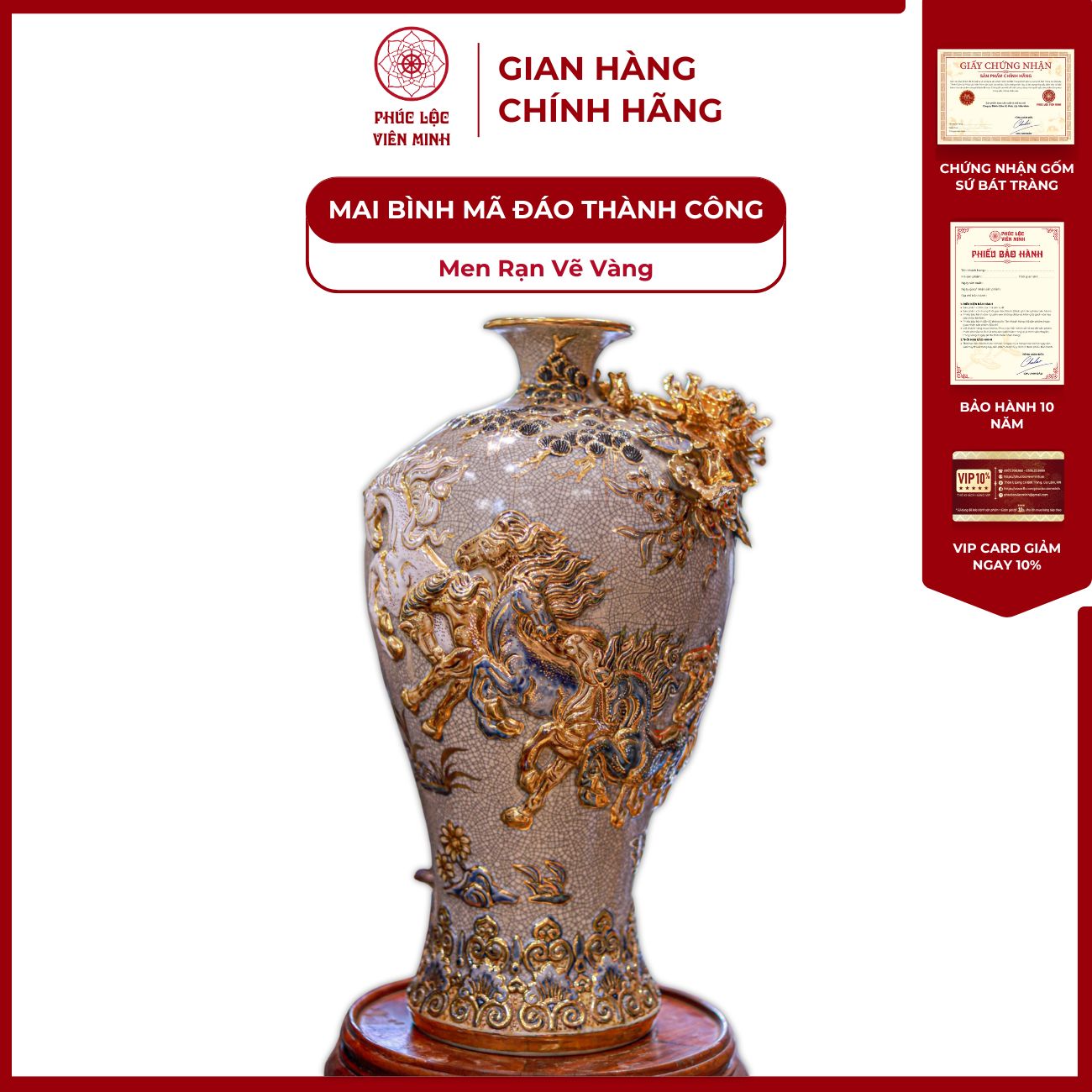 Mai Bình Mã Đáo Thành Công Men Rạn Vẽ Vàng Gốm Sứ Bát Tràng - Phúc Lộc Viên Minh