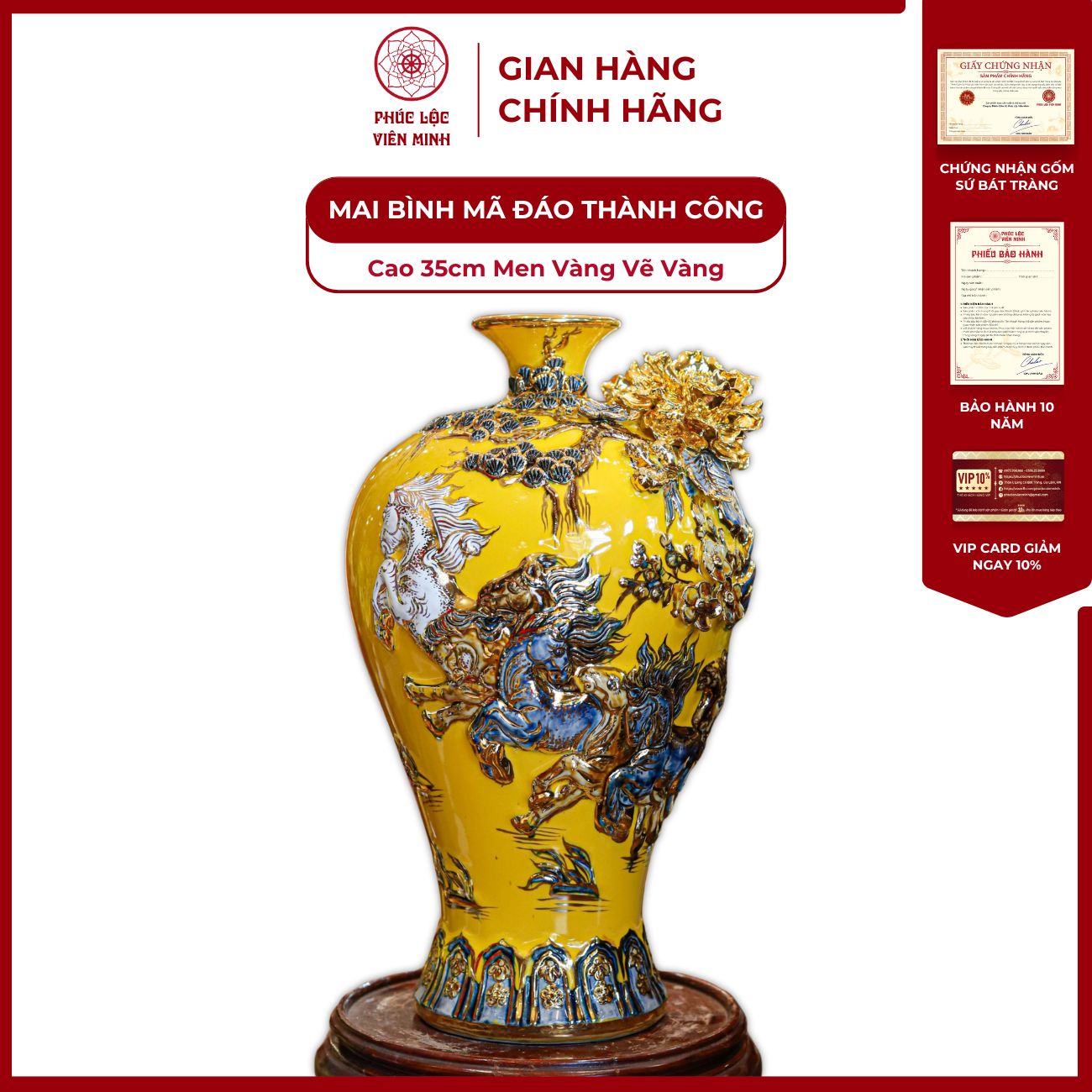 Mai Bình Mã Đáo Thành Công Cao 35cm Men Vàng Vẽ Vàng Gốm Sứ Bát Tràng - Phúc Lộc Viên Minh