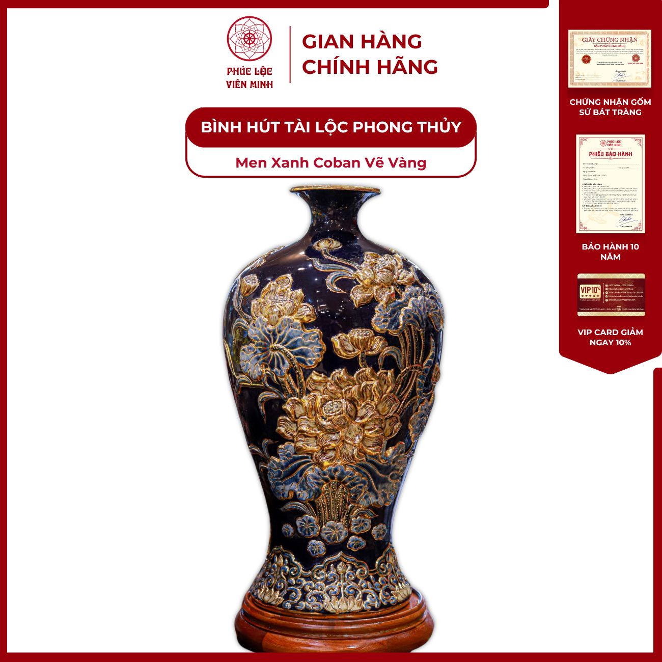 Mai Bình Hoa Sen Men Xanh Coban Vẽ Vàng Gốm Sứ Bát Tràng - Phúc Lộc Viên Minh
