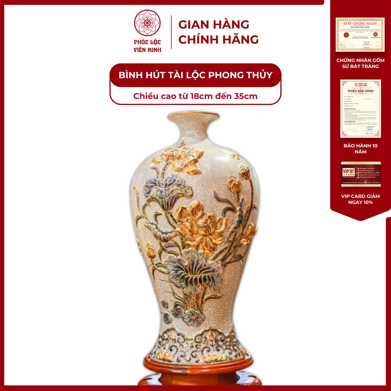 Mai Bình Hoa Sen Men Rạn Vẽ Vàng Gốm Sứ Bát Tràng - Phúc Lộc Viên Minh