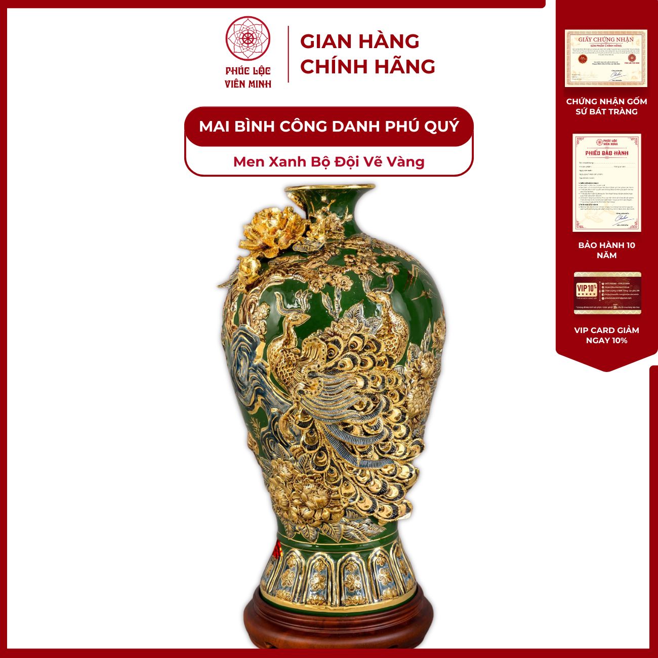 Mai Bình Công Danh Phú Quý Men Xanh Bộ Đội Vẽ Vàng Gốm Sứ Bát Tràng - Phúc Lộc Viên Minh