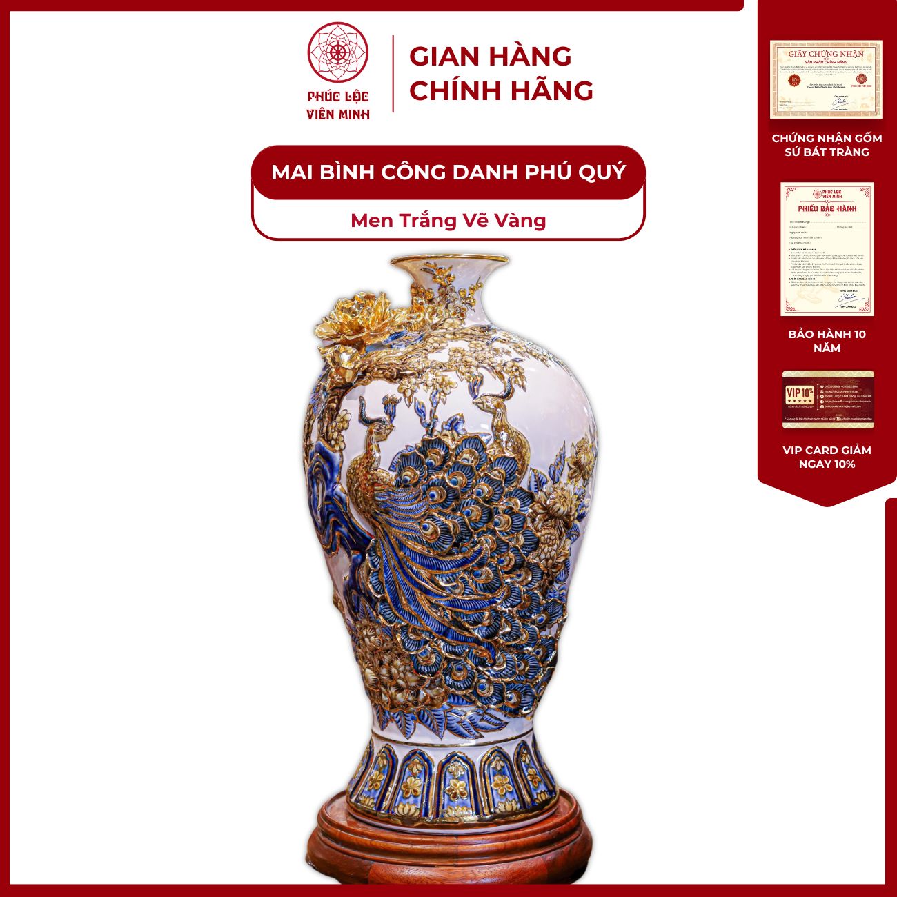 Mai Bình Công Danh Phú Quý Men Trắng Vẽ Vàng Gốm Sứ Bát Tràng - Phúc Lộc Viên Minh