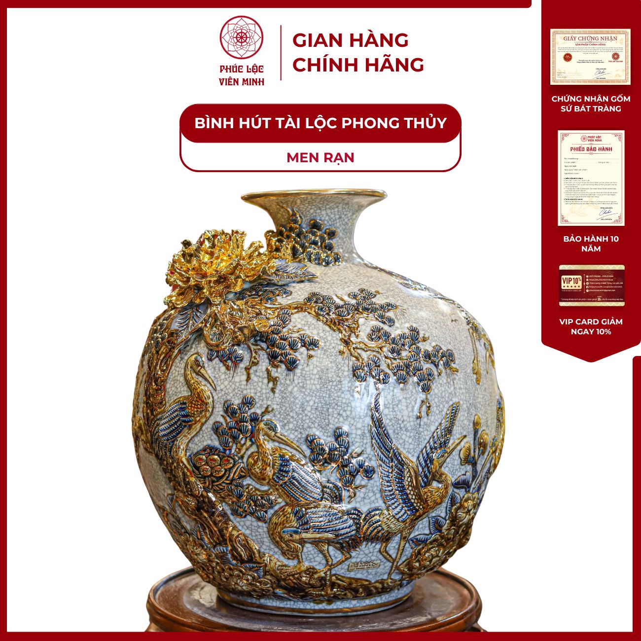 Bình Hút Lộc Tùng Hạc Diên Niên Men Rạn Vẽ Vàng Gốm Sứ Bát Tràng - Phúc Lộc Viên Minh