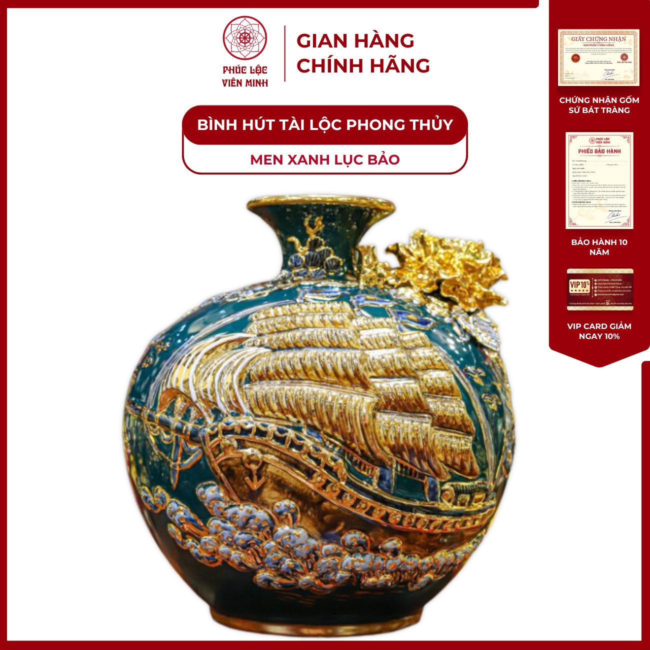 Bình Hút Lộc Thuận Buồm Xuôi Gió Men Xanh Lục Bảo Cao 28cm Vẽ Vàng Gốm Sứ Bát Tràng - Phúc Lộc Viên Minh