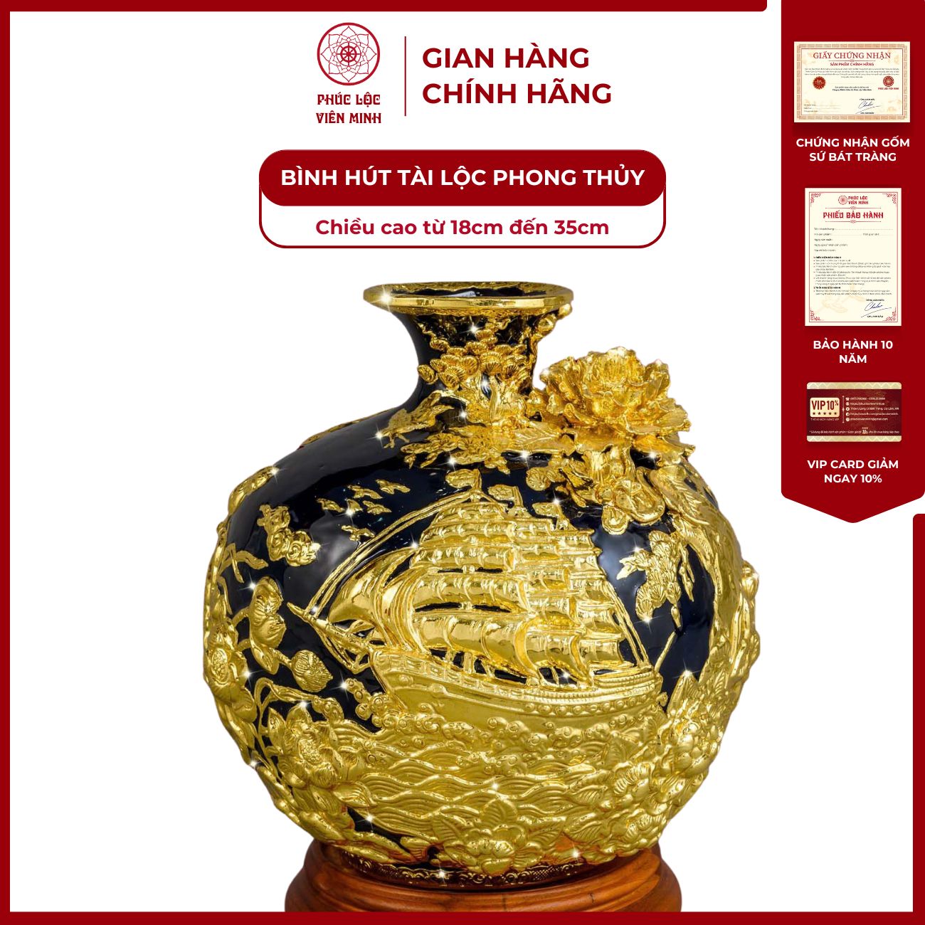 Bình Hút Lộc Thuận Buồm Xuôi Gió Men Xanh Coban Dát Vàng Gốm Sứ Bát Tràng - Phúc Lộc Viên Minh
