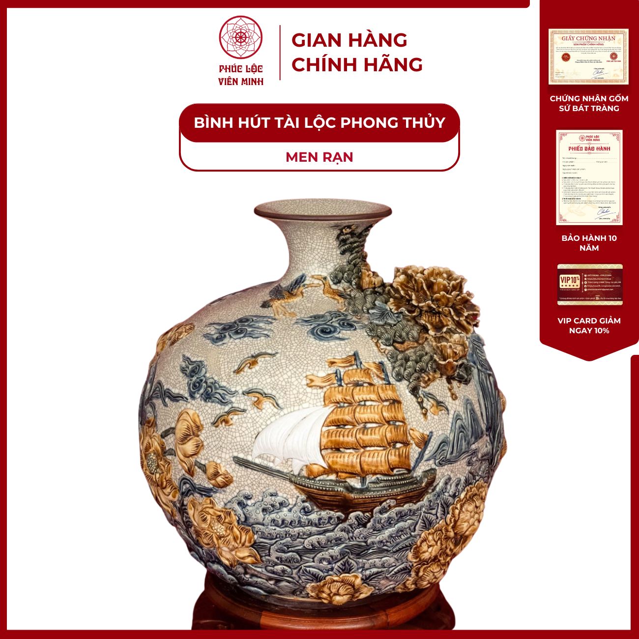 Bình Hút Lộc Thuận Buồm Xuôi Gió Men Rạn Đắp Nổi Gốm Sứ Bát Tràng - Phúc Lộc Viên Minh