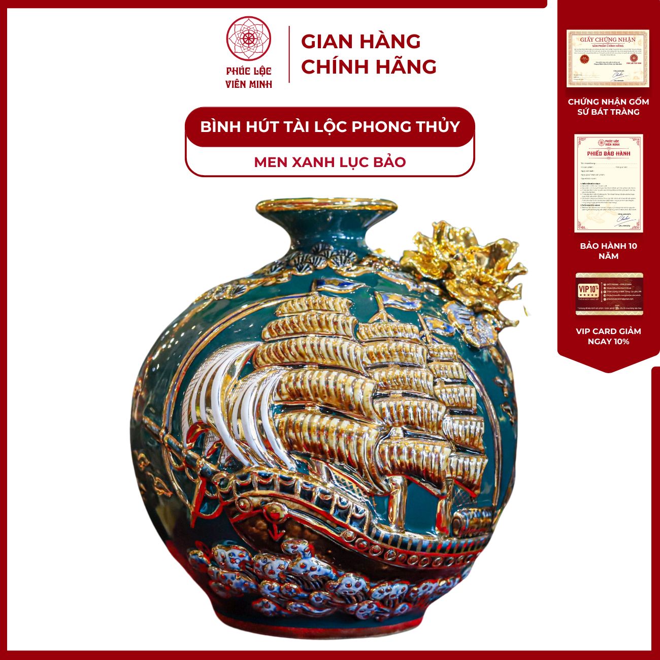 Bình Hút Lộc Thuận Buồm Xuôi Gió Cao 21cm Men Xanh Lục Bảo Vẽ Vàng Gốm Sứ Bát Tràng - Phúc Lộc Viên Minh