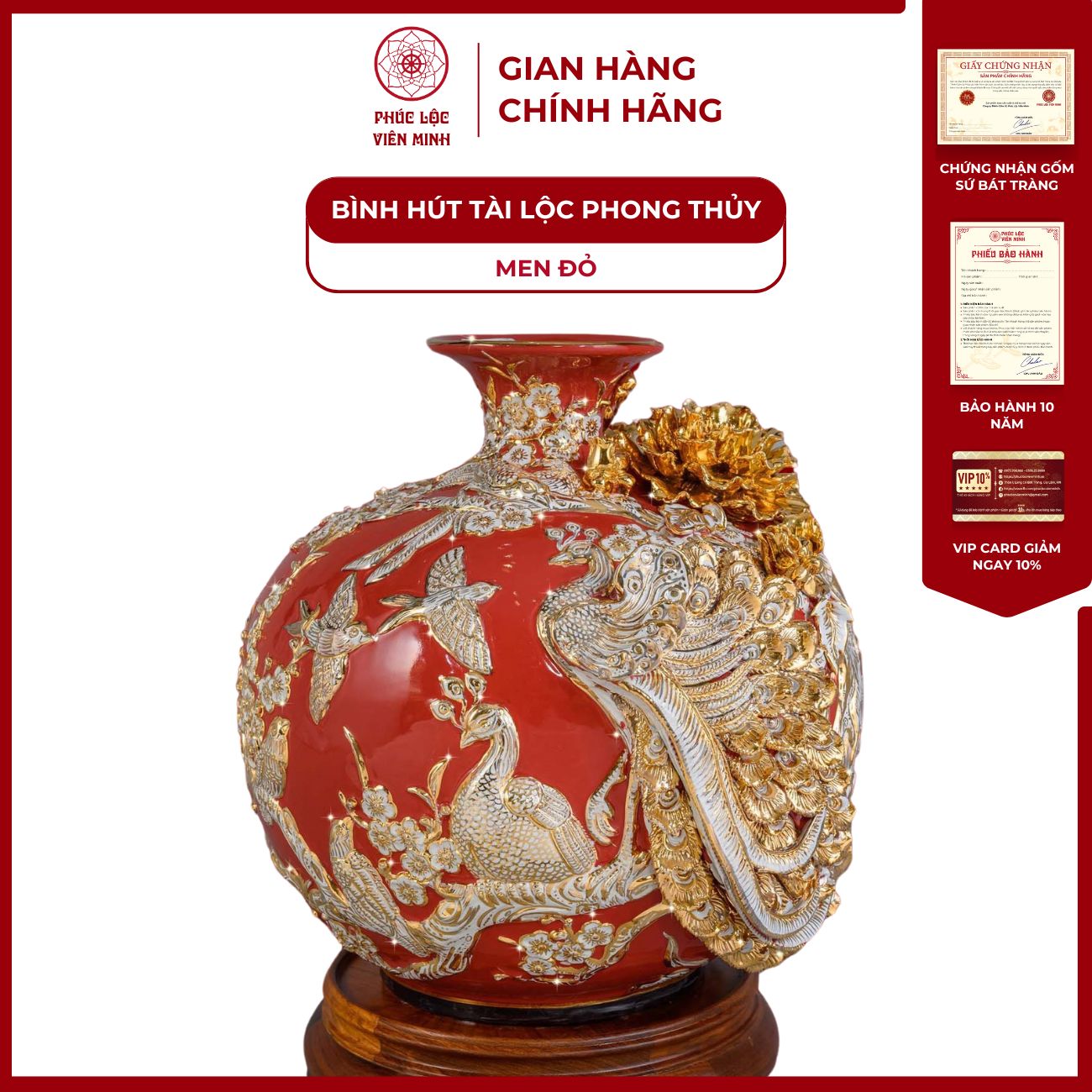 Bình Hút Lộc Phú Quý Trường Xuân Men Đỏ Họa Tiết Trắng Vẽ Vàng Gốm Sứ Bát Tràng - Phúc Lộc Viên Minh