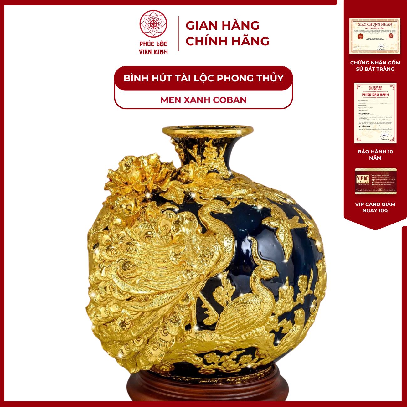 Bình Hút Lộc Phú Quý Trường Xuân Men Xanh Coban Dát Vàng Gốm Sứ Bát Tràng - Phúc Lộc Viên Minh