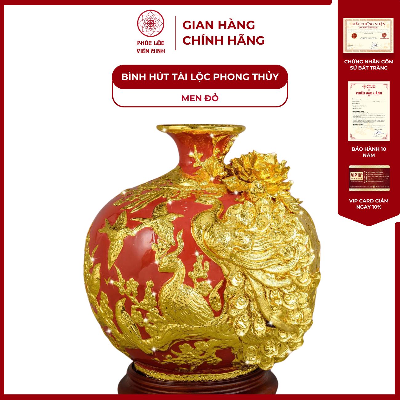 Bình Hút Lộc Phú Quý Trường Xuân Men Đỏ Dát Vàng Gốm Sứ Bát Tràng - Phúc Lộc Viên Minh