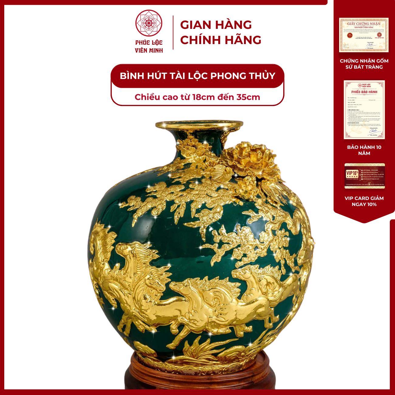 Bình Hút Lộc Mã Đáo Thành Công Men Xanh Lục Bảo Dát Vàng Gốm Sứ Bát Tràng - Phúc Lộc Viên Minh