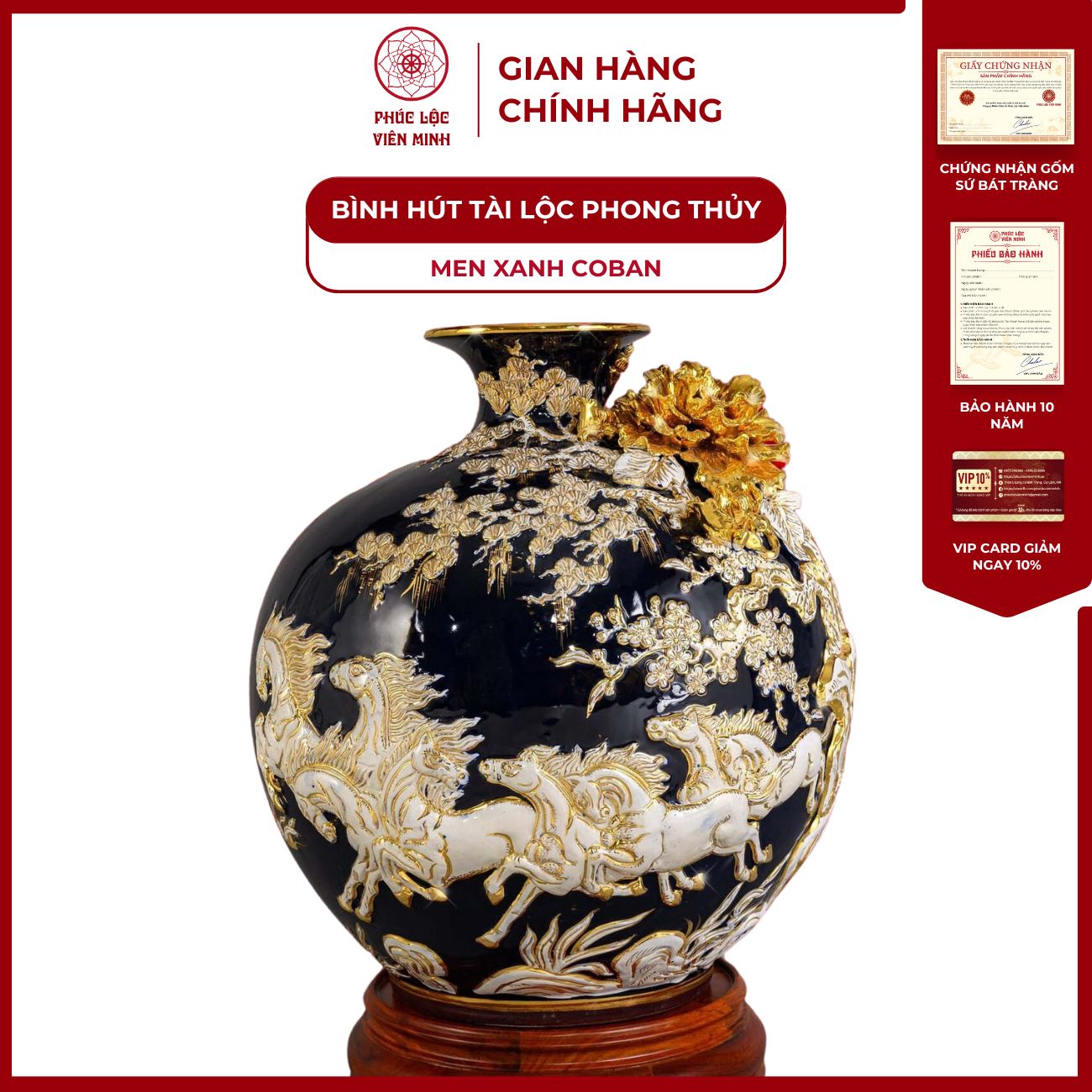 Bình Hút Lộc Mã Đáo Thành Công Men Xanh Coban Họa Tiết Trắng Vẽ Vàng Gốm Sứ Bát Tràng - Phúc Lộc Viên Minh