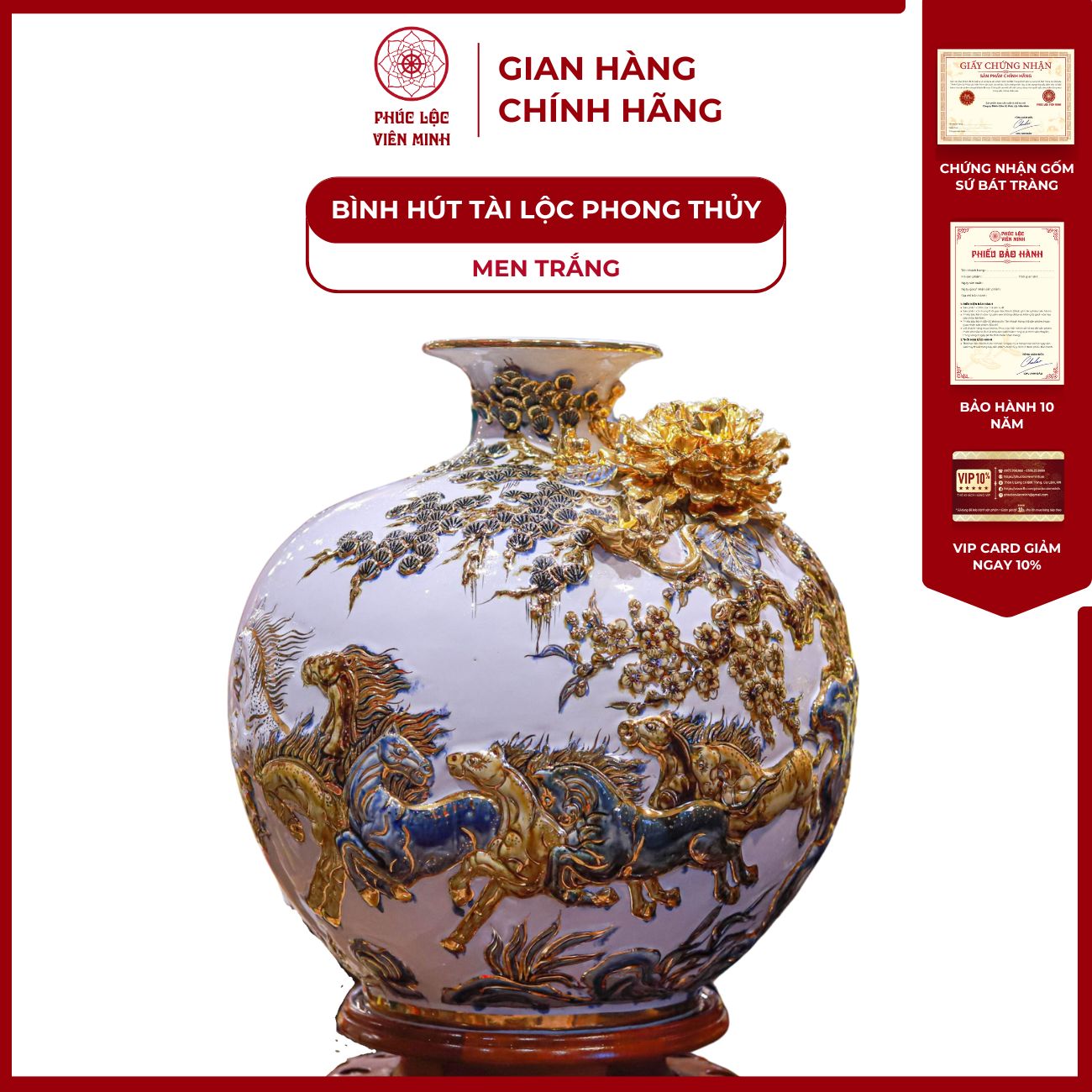 Bình Hút Lộc Mã Đáo Thành Công Men Trắng Vẽ Vàng Gốm Sứ Bát Tràng - Phúc Lộc Viên Minh