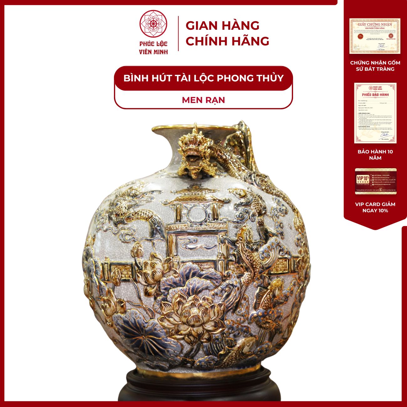 Bình Hút Lộc Cá Chép Vượt Vũ Môn Men Rạn Vẽ Vàng Gốm Sứ Bát Tràng - Phúc Lộc Viên Minh