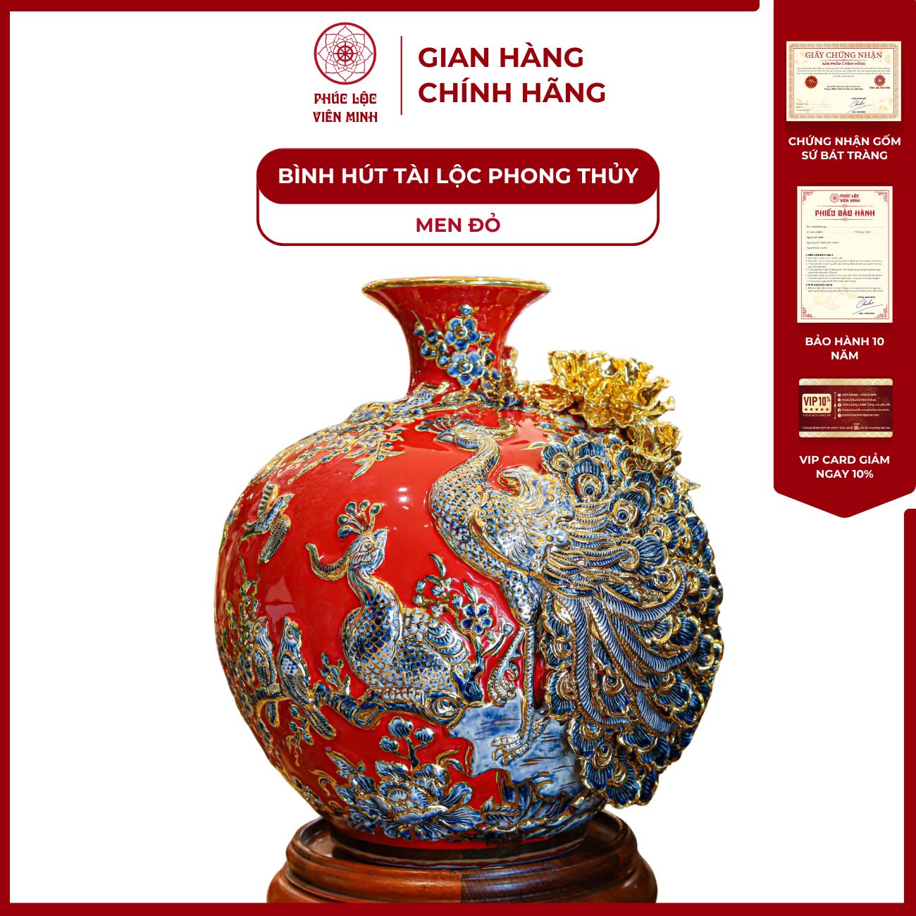 Bình Hút Lộc Công Danh Phú Quý Men Đỏ Họa Tiết Xanh Vẽ Vàng Gốm Sứ Bát Tràng - Phúc Lộc Viên Minh