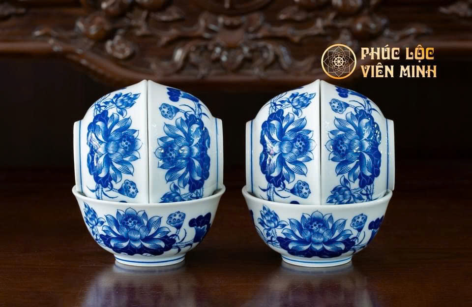 Bát Cúng Họa Tiết Sen/ Rồng Men Lam Gốm Sứ Bát Tràng - Phúc Lộc Viên Minh