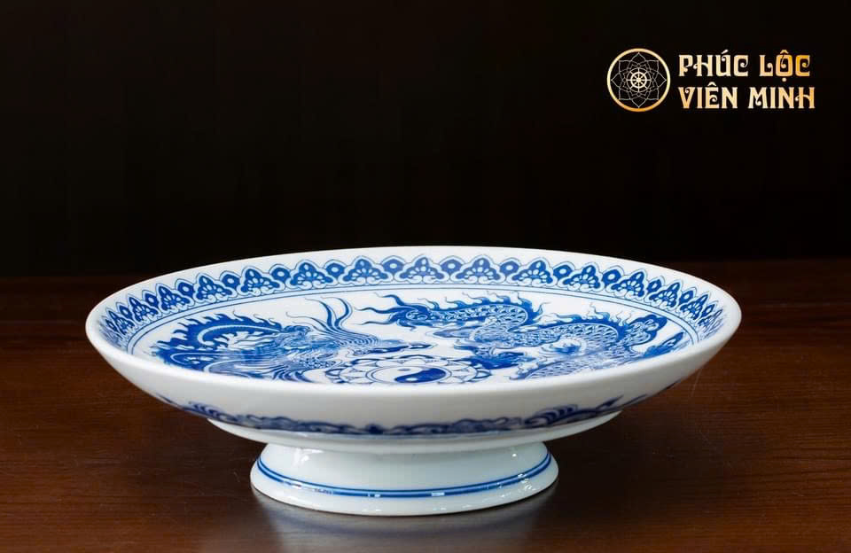 Mâm Bồng Họa Tiết Long Phụng Men Lam Gốm Sứ Bát Tràng - Phúc Lộc Viên Minh