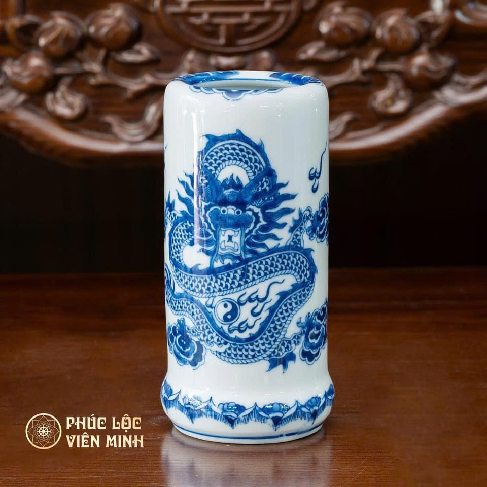 Ống Hương Thờ Họa Tiết Sen Men Lam Gốm Sứ Bát Tràng - Phúc Lộc Viên Minh