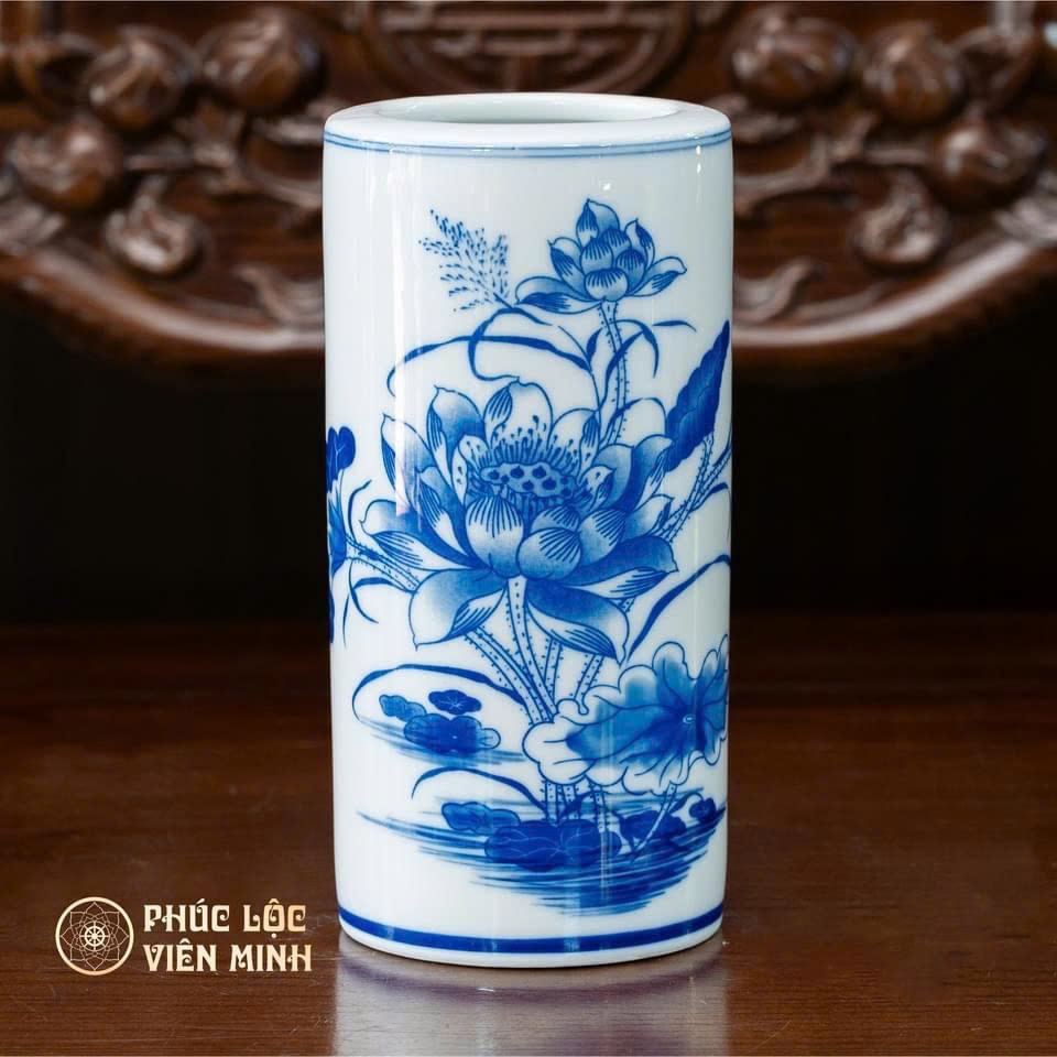 Ống Hương Thờ Họa Tiết Sen Men Lam Gốm Sứ Bát Tràng - Phúc Lộc Viên Minh